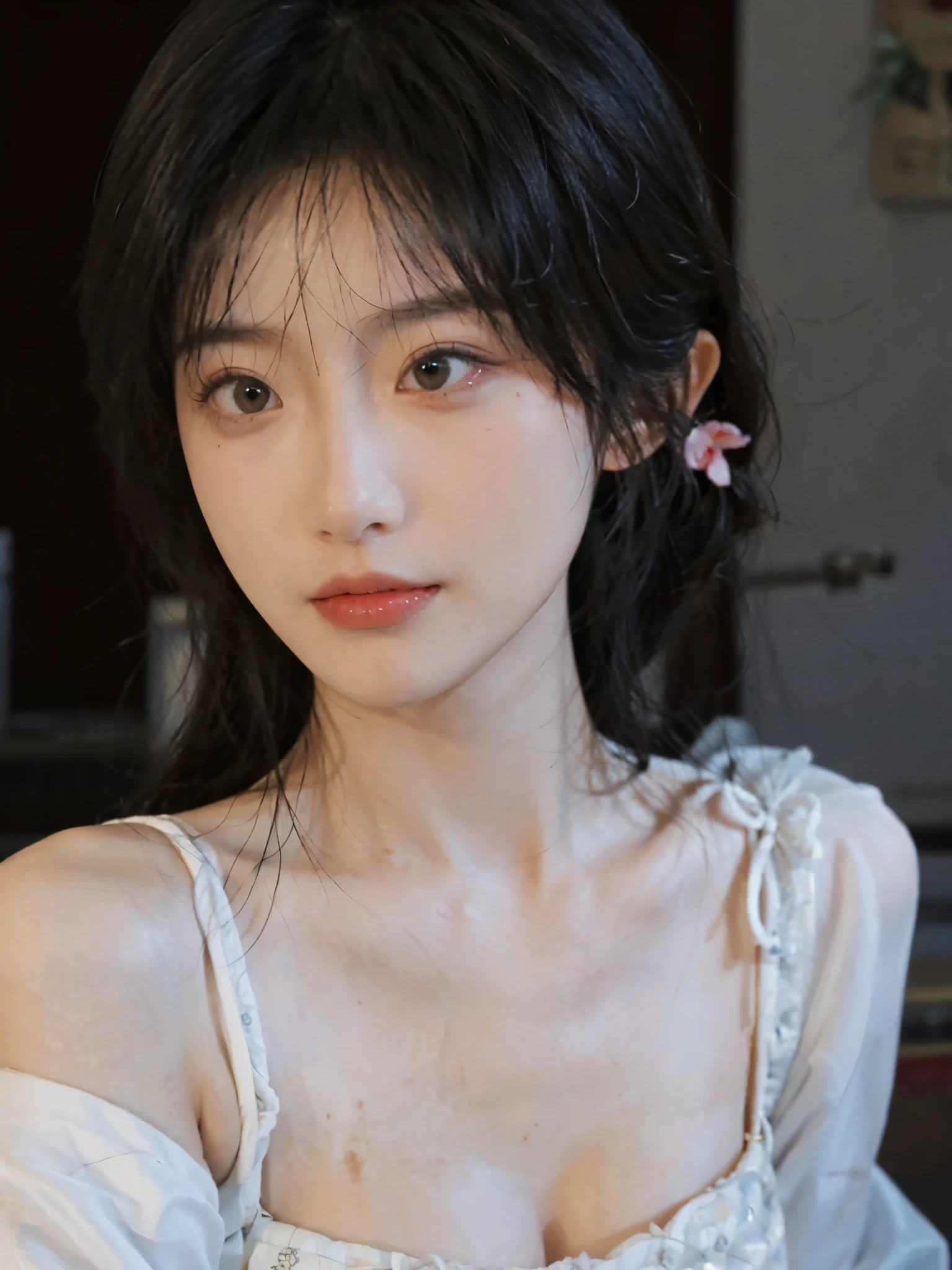 best quality， ultra high resolution， （realistically：1.4）， a girl， A pair of clear and charming peach blossom eyes,Royal sister，a sense of atmosphere，a beautiful girl（faded gray hair：1）， （Big cleavage：1.3）， looking at the audience， Close-up cleavage ，