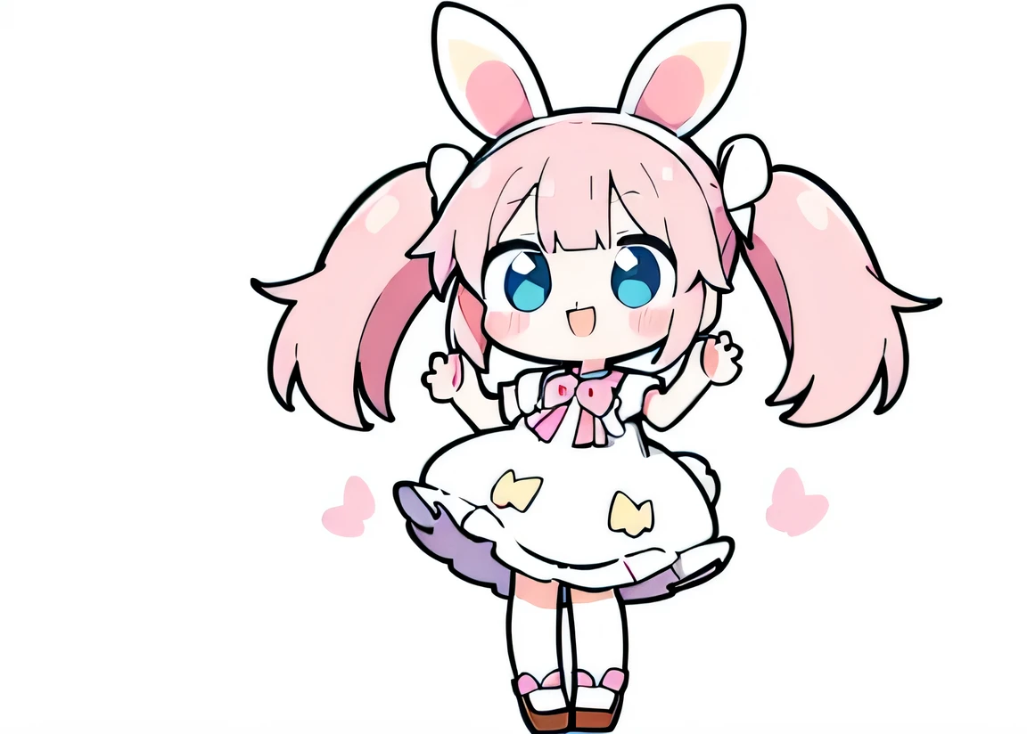blush,soft clear, ta clothes, egl fashion, rabbit, pastel, not human, a rabbit wearing loliress, puffy dress, kawaii, waving,white background, Sylvanian family, simple, an animal, wearing cute shoes ,pink hair, long hair, pigtails, bow on head , smiling, holding ice cream, hd
