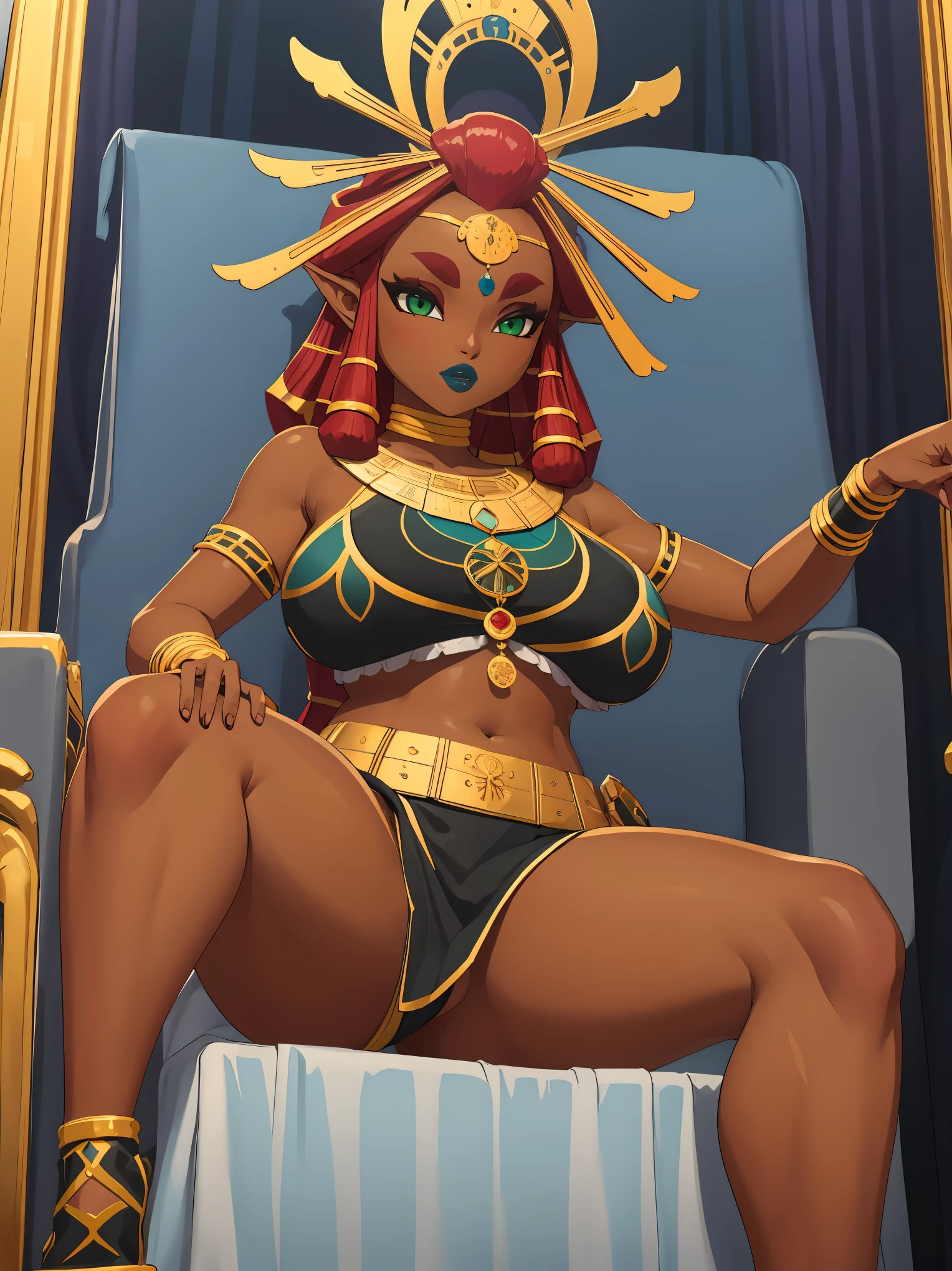 Big breasts, green eyes, dark blue lips, sitting on a throne, sexy legs, Riju