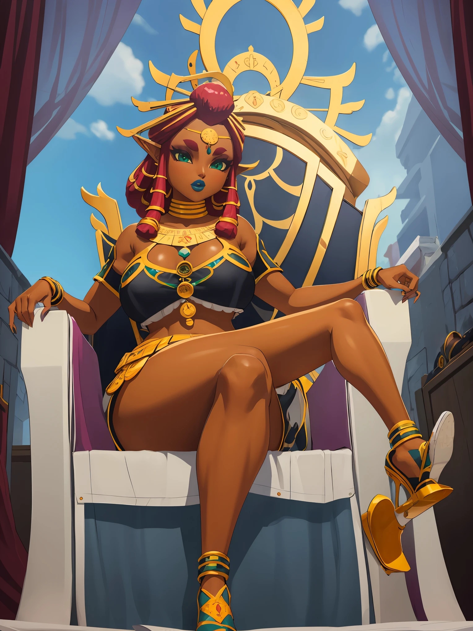 Big breasts, green eyes, dark blue lips, sitting on a throne, sexy legs, Riju