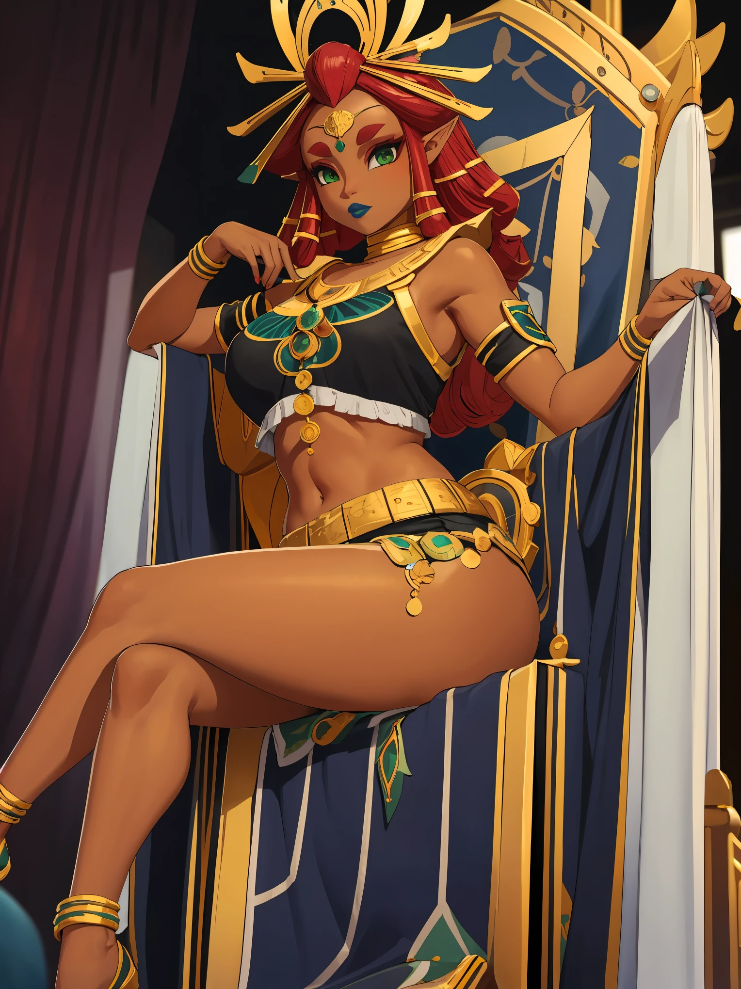 Big breasts, green eyes, dark blue lips, sitting on a throne, sexy legs, Riju