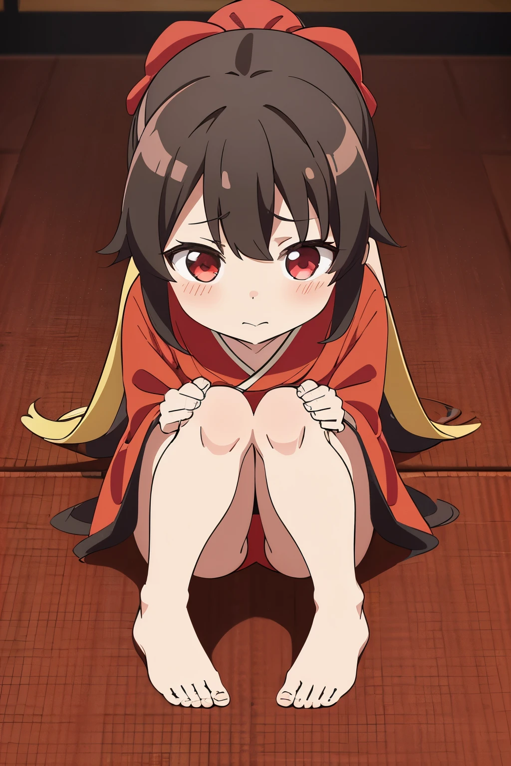 A girl wearing a mini-length kimono with a red, black, and yellow color scheme, red obi, bare feet, scrunchie, snowy road, feminine and cute, wriggling, blushing, staring.