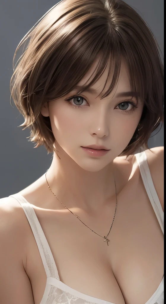 (((highest quality、8k、masterpiece)))、sharp focus、(perfectionな姿の美しい女性)、thin、cinematic lighting、perfection、soft light、high resolution skin:1.3、realistic skin texture、30 year old mature woman、small face、no makeup、short hair、dark brown hair、detailed beautiful eyes、small breasts、、bust B cup、wearing a pendant、sexy pose、Supermodel、Slender body type、Cool beauty、gray background、