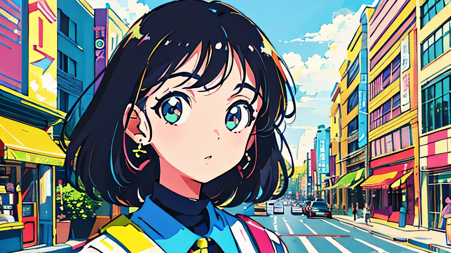 (flat color:0.9),(colorful:1.1),(masterpiece:1,2),retro,city pop, best quality, masterpiece, highres, original, extremely detailed wallpaper, looking at viewer,,,1girl,solo,Girl,Portrait