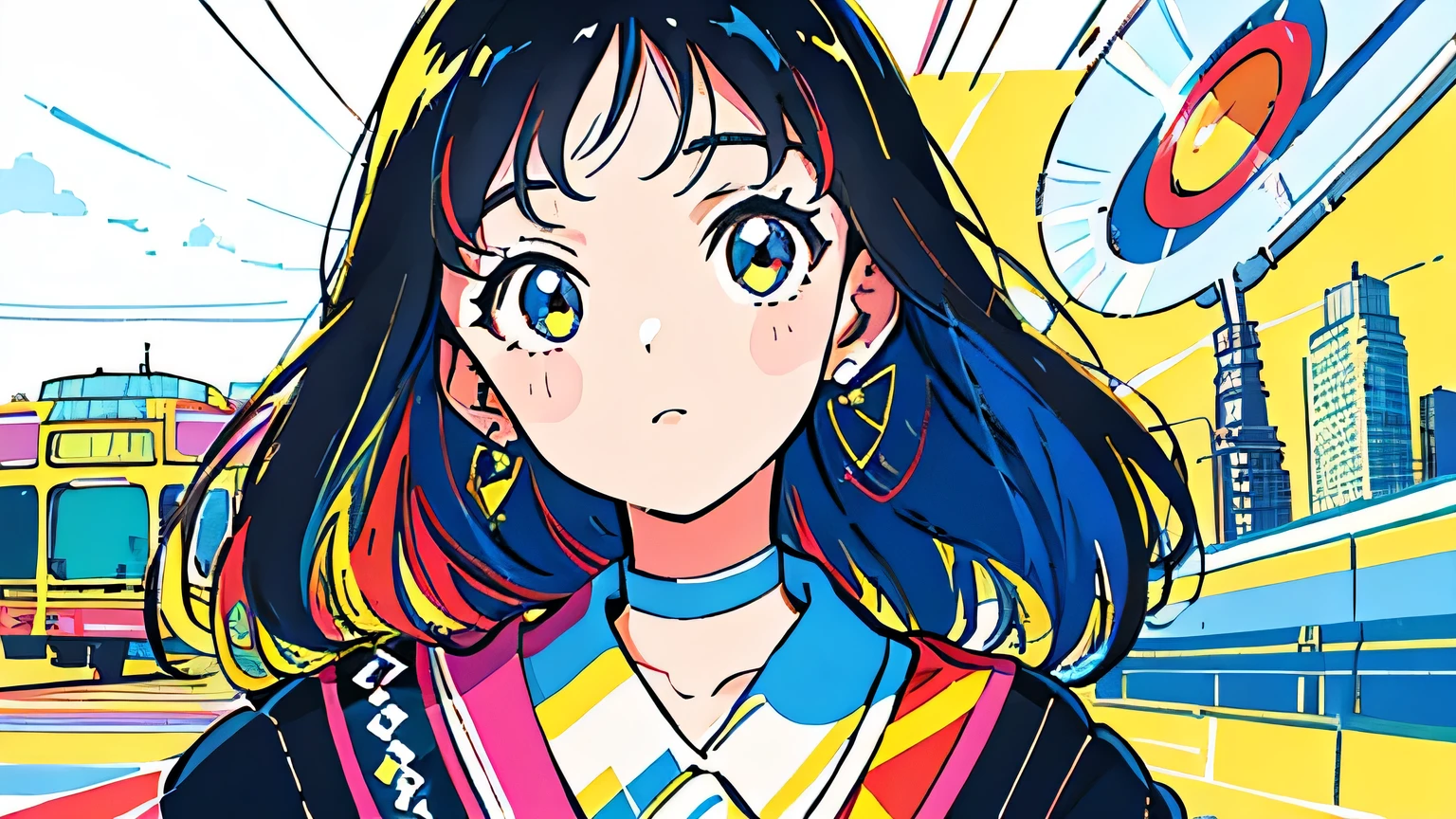 (flat color:0.9),(colorful:1.1),(masterpiece:1,2),retro,city pop, best quality, masterpiece, highres, original, extremely detailed wallpaper, looking at viewer,,,1girl,solo,Girl,Portrait