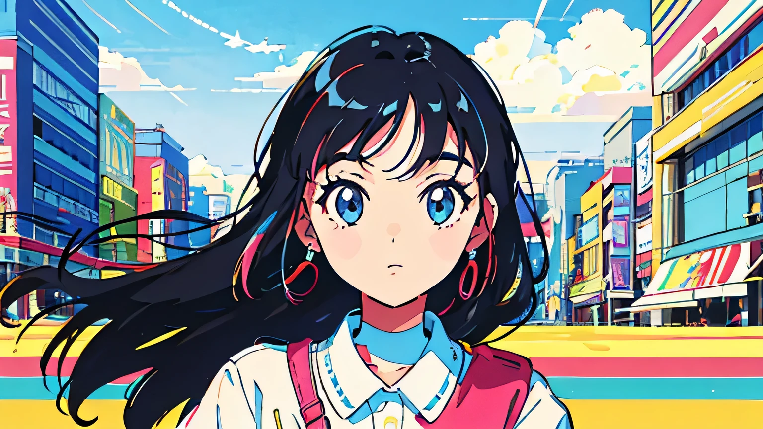 (flat color:0.9),(colorful:1.1),(masterpiece:1,2),retro,city pop, best quality, masterpiece, highres, original, extremely detailed wallpaper, looking at viewer,,,1girl,solo,Girl,Portrait