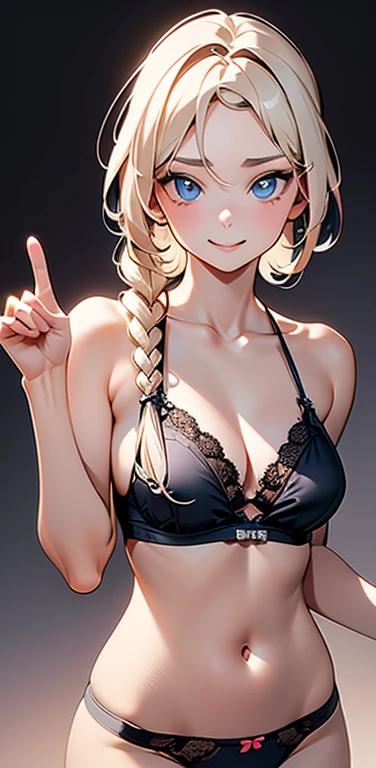 Realistic、1house wife、blonde hair、braid、blue eyes、(eye focus:1.3,face focus,upper body),(gradient eyes:1.3),(camisole sexy panties
)、(forced smile:1.3),single braid,cute face、(Inward facing V sign),