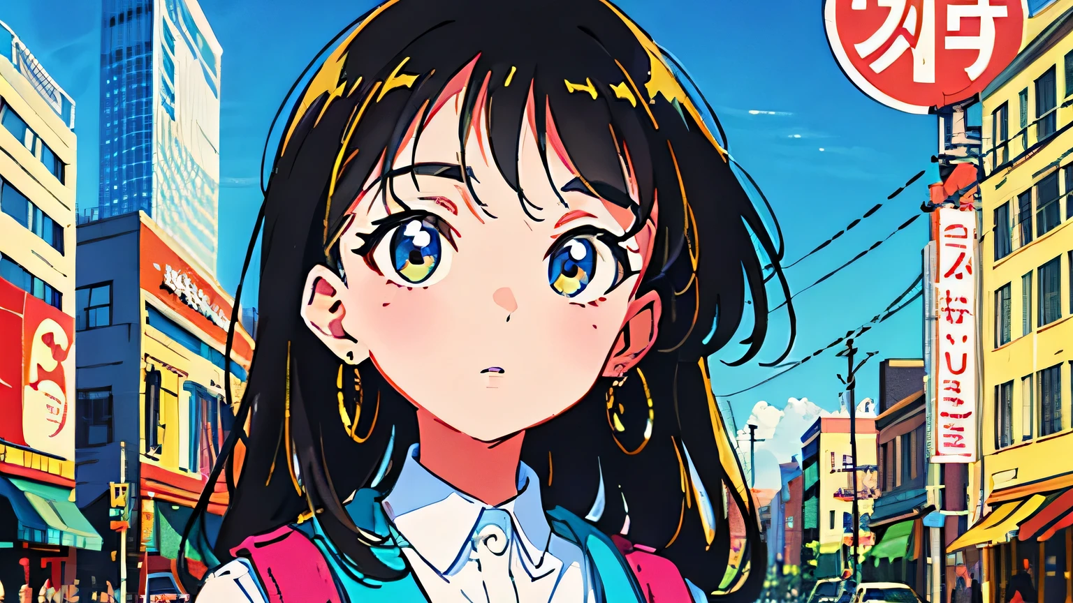 (flat color:0.9),(colorful:1.1),(masterpiece:1,2),retro,city pop, best quality, masterpiece, highres, original, extremely detailed wallpaper, looking at viewer,,,1girl,solo,Girl,Portrait