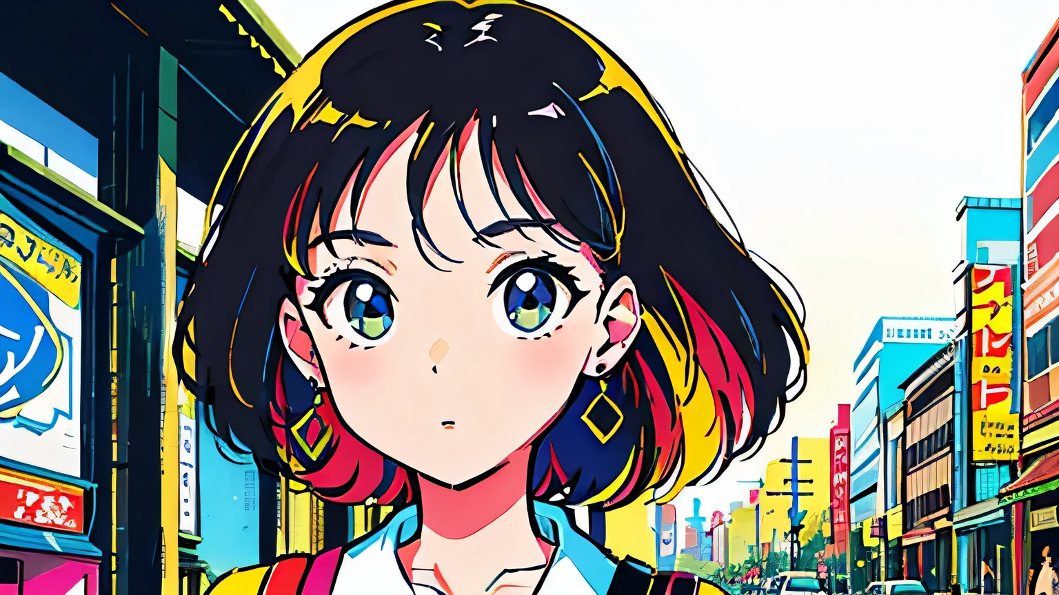 (flat color:0.9),(colorful:1.1),(masterpiece:1,2),retro,city pop, best quality, masterpiece, highres, original, extremely detailed wallpaper, looking at viewer,,,1girl,solo,Girl,Portrait