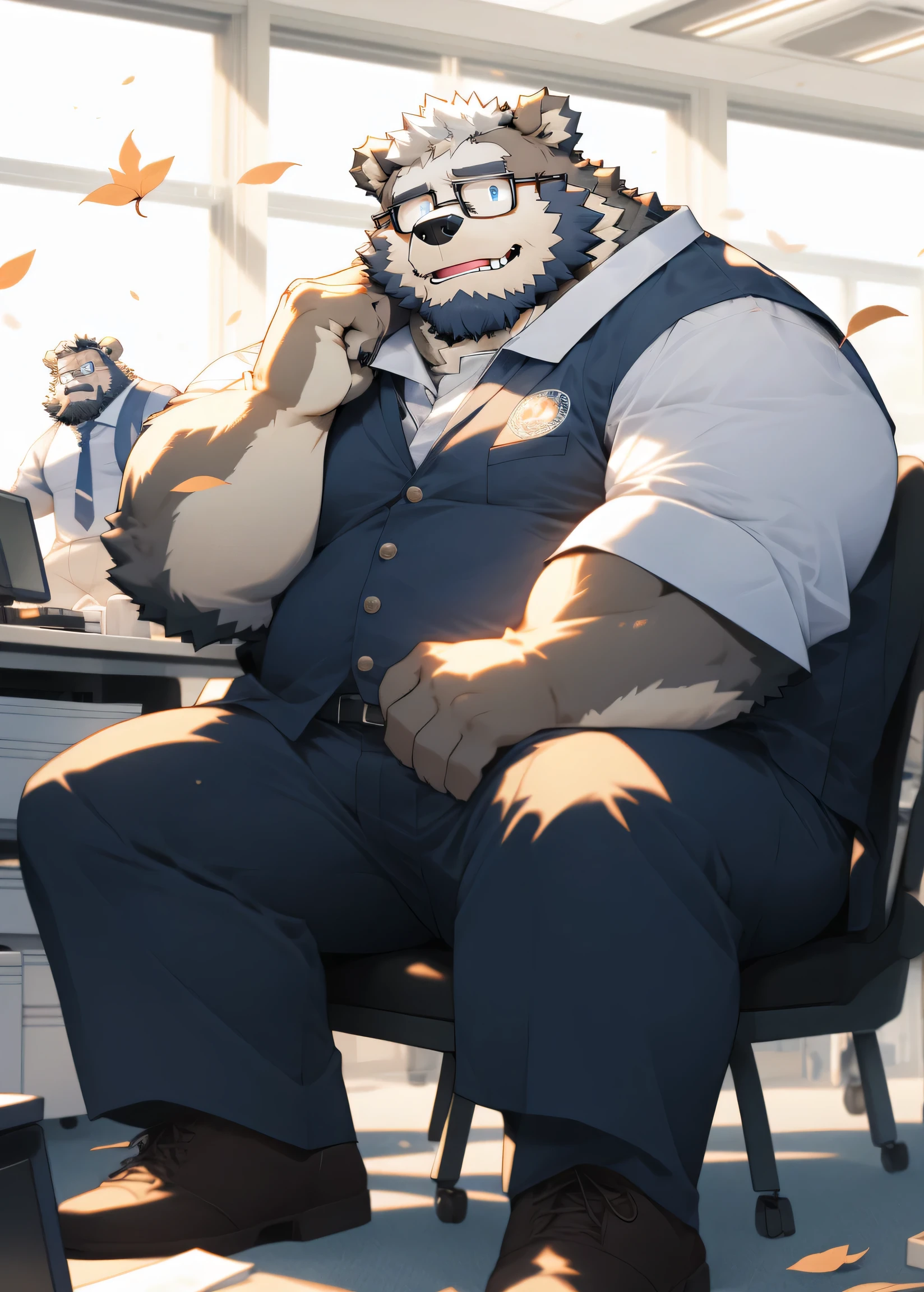 hairy,(Bear,detective costume,roll up sleeves,detective hat),beard,white fur,male,Common,full-body shot, dynamic poses,There are fallen leaves,Sunlight,in office,in the groundroom,ground,in office,close eyes,blush,sit on the chair,Holding glasses with hands,Smile,Detailed background,极其lifelike阴影,masterpiece,Very detailed,lifelike,16K