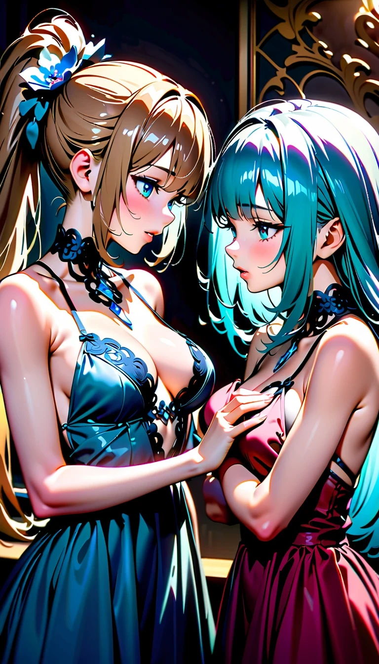 masterpiece, high quality, 4K, Best CG technology, Stunning depiction of art, Beauty and affection between two women. Every detail in the picture has been carefully drawn, It seems like every pixel tells an interesting story. Two women face to face, Their chests pressed together, Showing an indescribable intimacy and harmony. their beautiful and neat faces, This is highlighted by the exquisite lingerie they wear, Look more elegant and charming