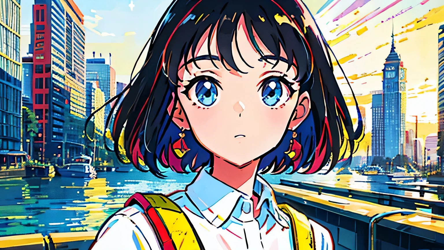 (flat color:0.9),(colorful:1.1),(masterpiece:1,2),retro,city pop, best quality, masterpiece, highres, original, extremely detailed wallpaper, looking at viewer,,,1girl,solo,Girl,Portrait