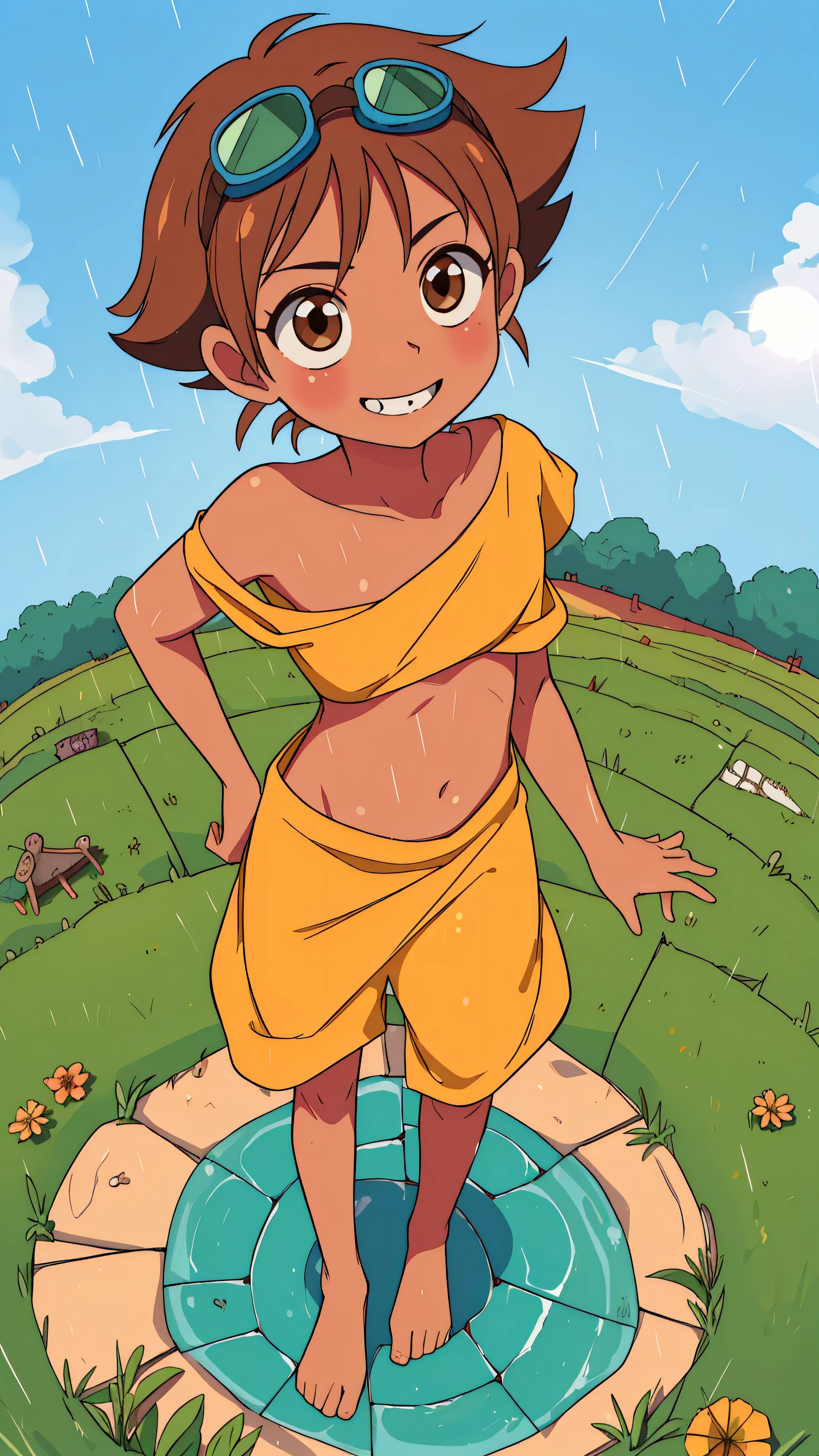 1990s (style) 1980s (style) retro artstyle, One girl, NSFW, sweating, in a river, casca_berserk, short hair, dark skin, dark-skinned female, brown hair, brown eyes, naked