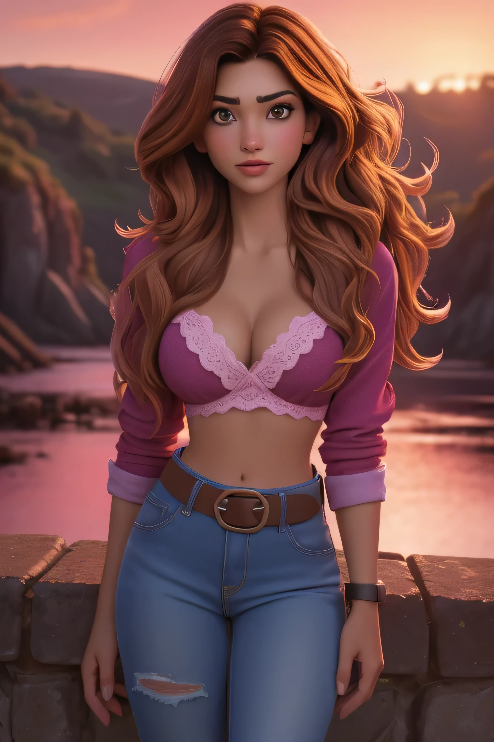 Foreground: a gorgeous woman, wet wavy hair in the wind. she's a men magazine model, She has a subtle smile and flirts with the camera, (white unbuttoned silk shirt, burgundy lace bra and burgundy worn denim pants with big belt:1.2), background landscape of Scotland Loch and Scottish castle ruins, (in sunset light:1.2), , perfect eyes, perfect hands, perfect body, perfect hair, perfect breast, hair behind ear, UHD, retina, masterpiece, accurate, anatomically correct, textured skin, super detail, high details, high quality, award winning, best quality, highres, 16k, 8k, 