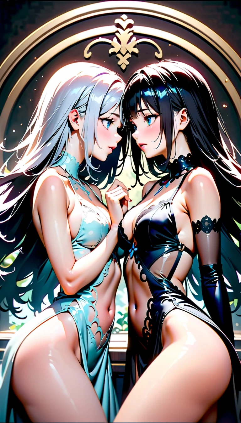 masterpiece, high quality, 4K, Best CG technology, Stunning depiction of art, Beauty and affection between two women. Every detail in the picture has been carefully drawn, It seems like every pixel tells an interesting story. Two women face to face, Their chests pressed together, Showing an indescribable intimacy and harmony. their beautiful and neat faces, This is highlighted by the exquisite lingerie they wear, Look more elegant and charming