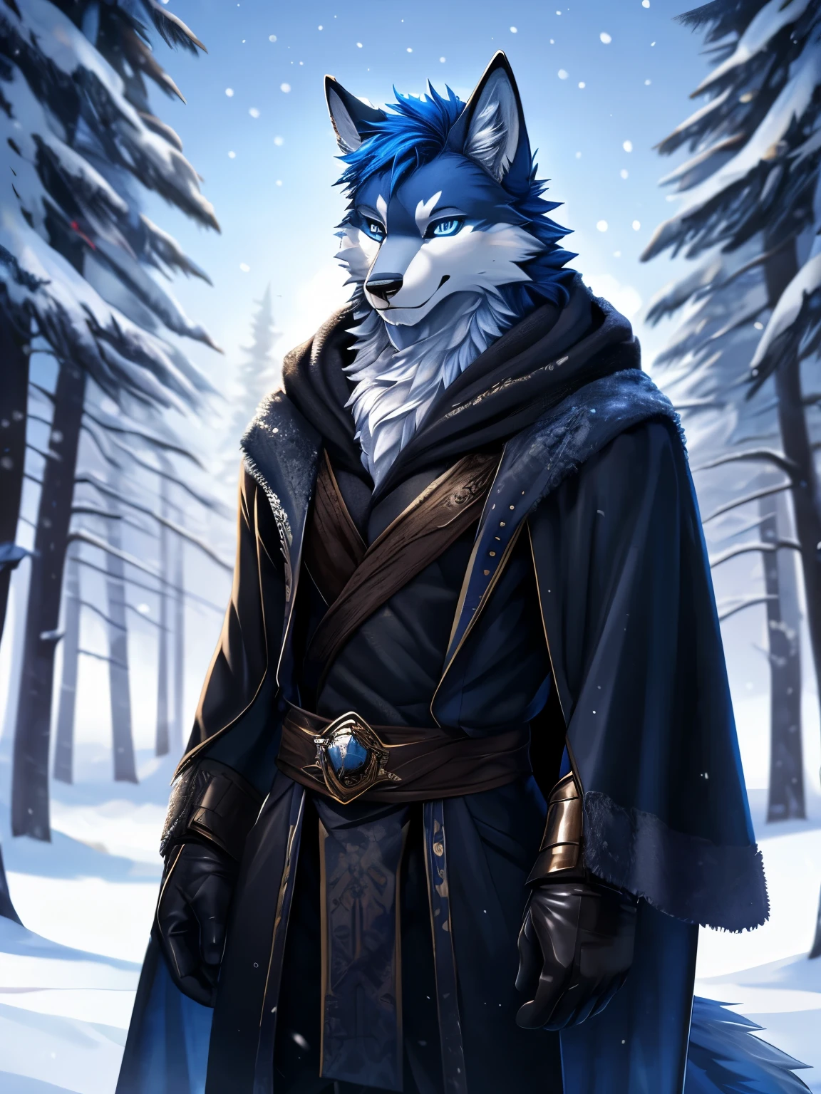 furry, male, anthro, (wolf Tail), Solo, Blue eyes, (Realistic eye details:1.2), (beautiful detailed eyes), there is a man wolf with blue hair and a black jacket, winter gloves, warm shawl, very very beautiful furry art, winter concept art, furry art!!!, commission for high res, asriel dreemurr, fursona art, fursona furry art commission, cozy wallpaper, heavy winter aesthetics, slim body, full body like, in a panoramic view, good looking