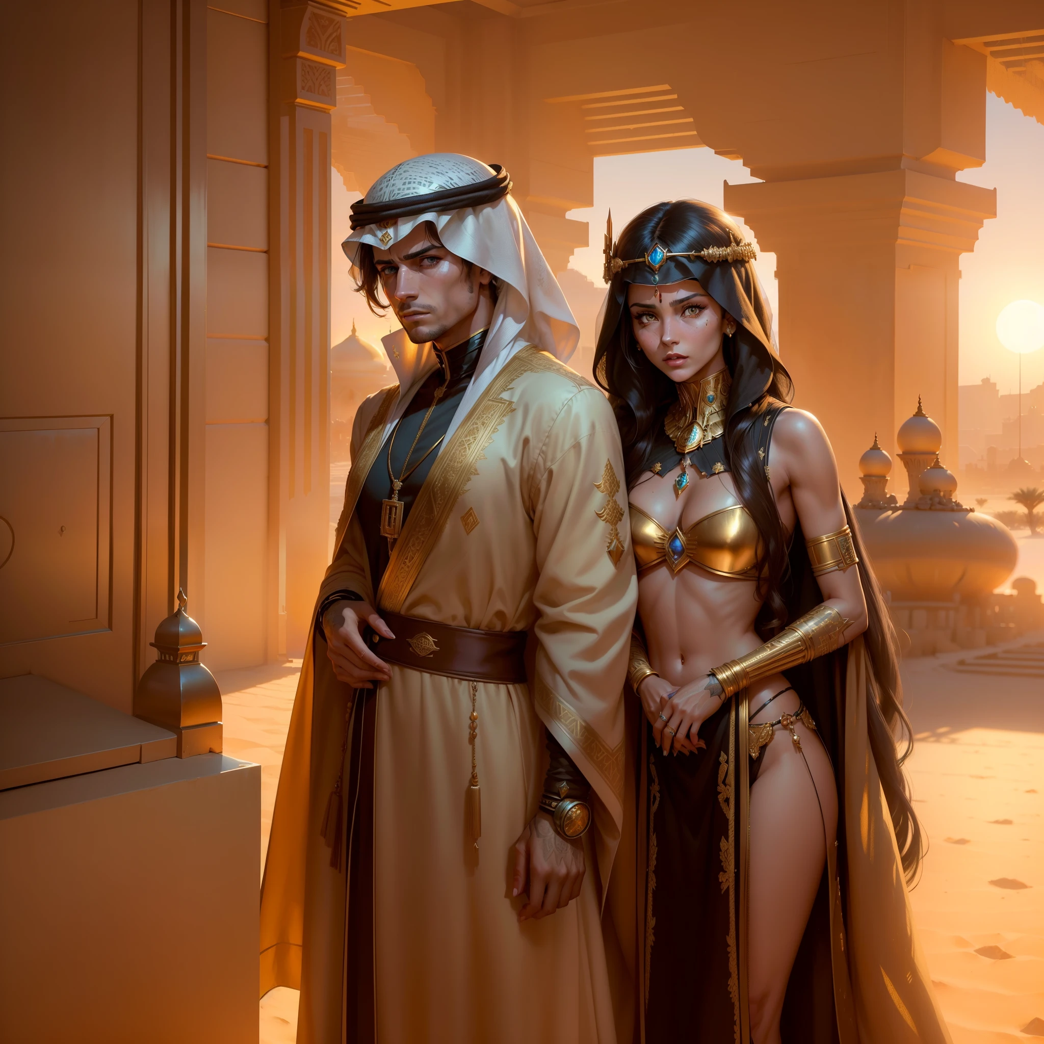 Photo of (arabian princess:1.5) Packed hall standing in the background々and衣装を着て (Cyberpunk Desert:1.3), (Exotic Royal Palace:1.5) and (sunset sky:1.2). In a complex hijab, Long vest in jewelry with gold embroidery, detailed face and eyes, (very detailed:1.4), 8K, realistic, (long dark brown hair:1.2), (young woman:1.1), Written by Jeremy Mann, Written by Sandra Chevrier, Written by Maciej Cuchara, (shadows and highlights:1.3), true shadow, 。.3D, (golden hour lighting:1.3), (by Michelangelo:0.9), Art stations and deviations, Greg Rutkowski and Alphonse Much