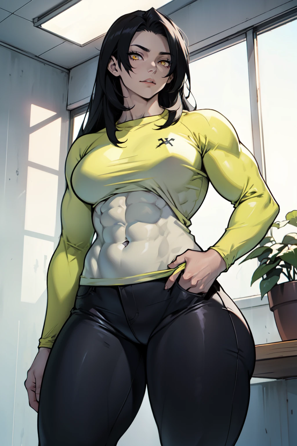 girl ((((muscular 1girl)))) ((((thick thighs toned body)))) (pale skin) black hair yellow eyes very long hair long sleeve tight t-shirt tight pants (straight hair)