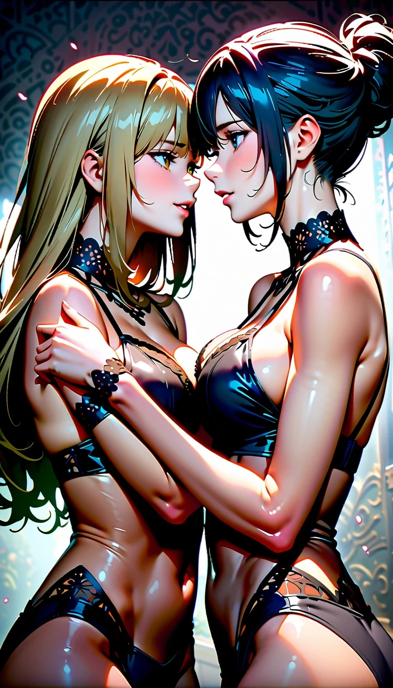 masterpiece, high quality, 4K, Best CG technology, Stunning depiction of art, Beauty and affection between two women. Every detail in the picture has been carefully drawn, It seems like every pixel tells an interesting story. Two women face to face, Their chests pressed together, Showing an indescribable intimacy and harmony. their beautiful and neat faces, This is highlighted by the exquisite lingerie they wear, Look more elegant and charming