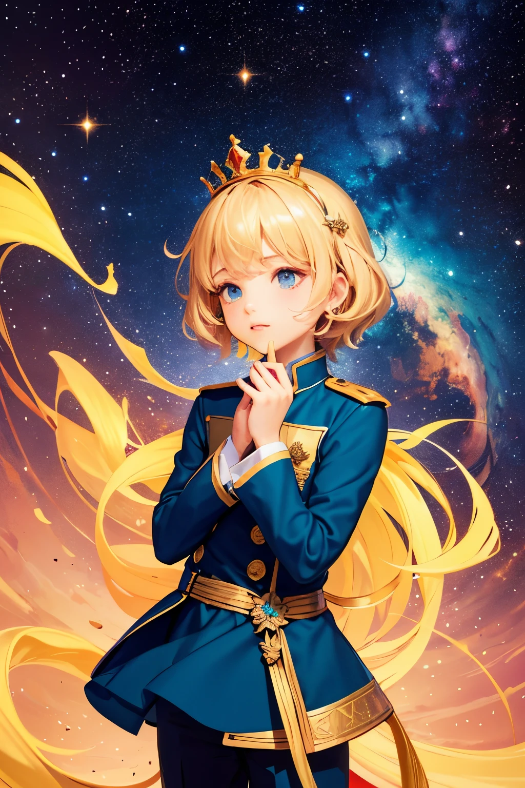 little prince drawing, with both hands under your chin, blowing a galaxy out of your mouth