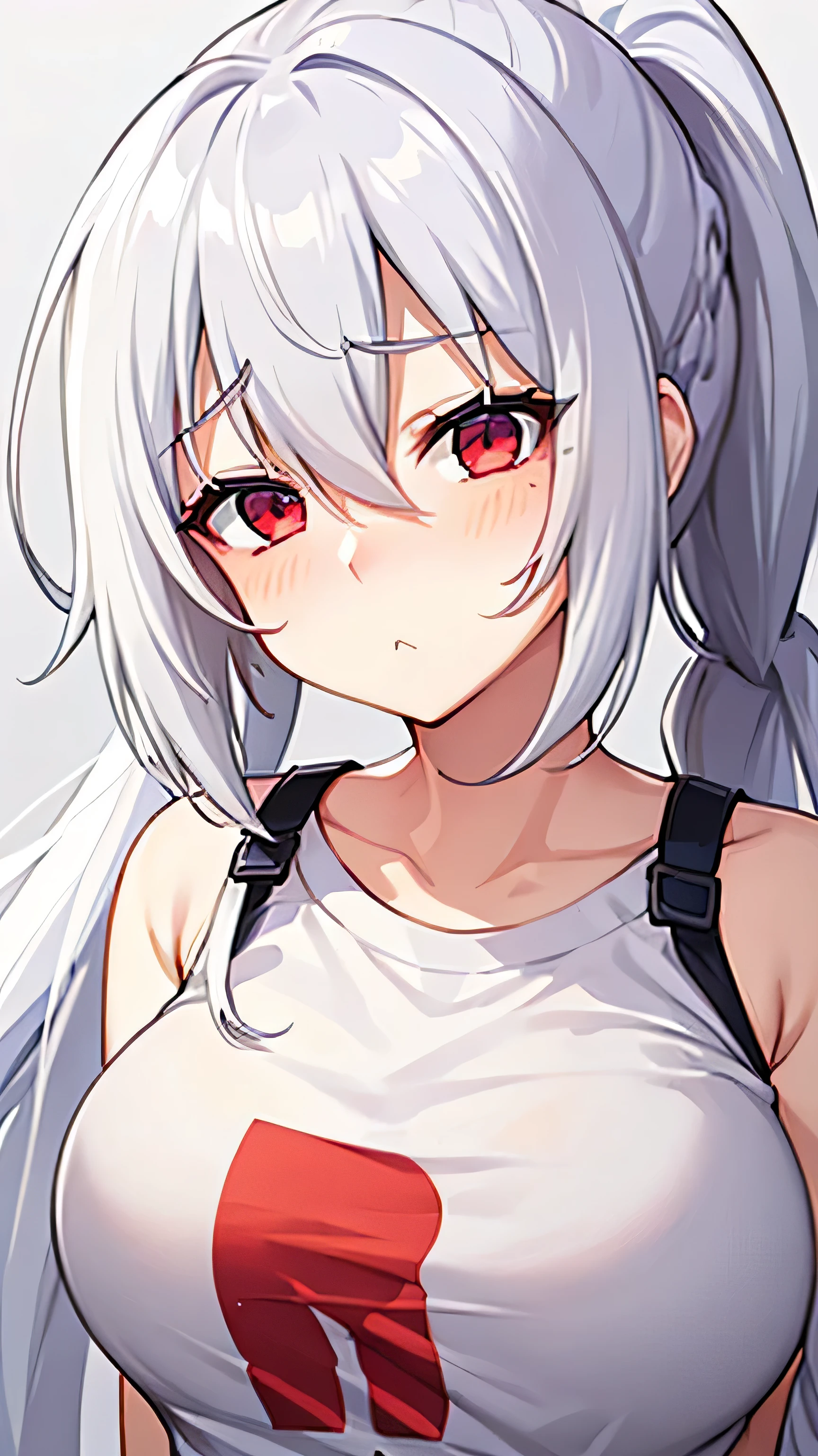 Girl, white hair, ponytail long hair, red eyes, cute girl,braid hair, white background, t-shirt, big breast, detail face, pouting face