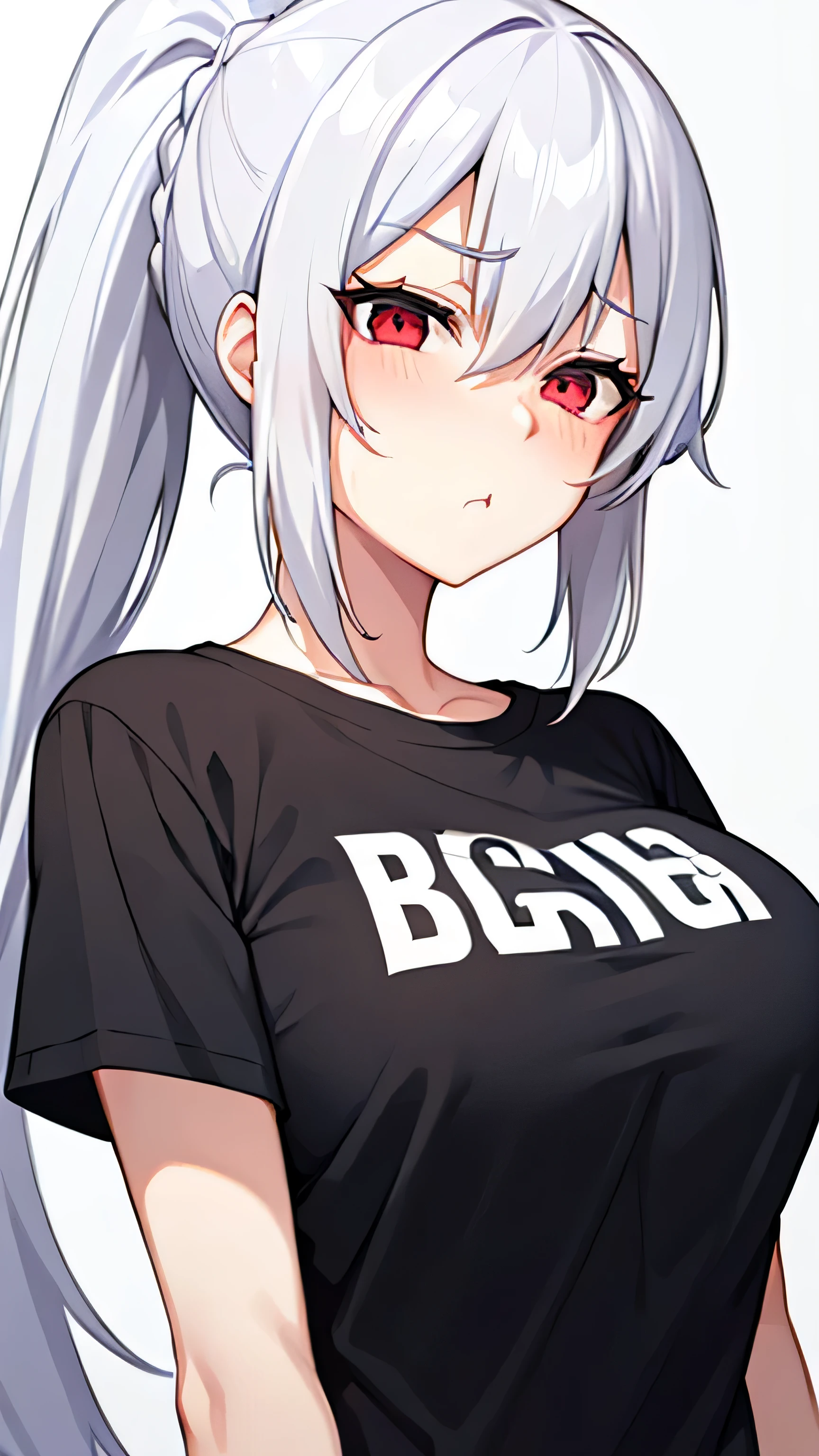 Girl, white hair, ponytail long hair, red eyes, cute girl,braid hair, white background, t-shirt, big breast, detail face, pouting face