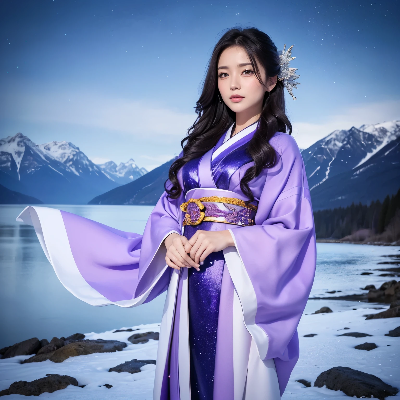 ((masutepiece、top-quality、Top image quality、in 8K、Award-Winning Works))、One Goddess、(The most gorgeous and extravagant goddess gigantic costume:1.3)、(The goddess's dazzling blue and purple finest costume:1.3)、(The most luxurious furisode in blue and purple:1.3)、(Blue and purple gradation long-sleeved kimono:1.2)、(Upper body photo:1.3)、accurate anatomy、the biggest smile when you look at me、(cleavage of the breast:1.2)、(Expose your shoulders:1.1)、(expose beautiful legs:1.1)、(standing elegantly:1.1)、the most intricate and luxurious decoration、(large amount of jewelry decoration:1.1)、The most complex and detailed background、(The background is a vast snowy mountain:1.2)、(Vast view from the top of the snowy mountain:1.2)、Fantastic snowscape、(A fantastically shining starry sky:1.4)、(spectacular movie lighting:1.1)、(A beautiful lake can be seen in the distance:1.1)、(Perfect makeup、long eyelashes、Pink eyeshadows)、(accurate anatomy:1.2)