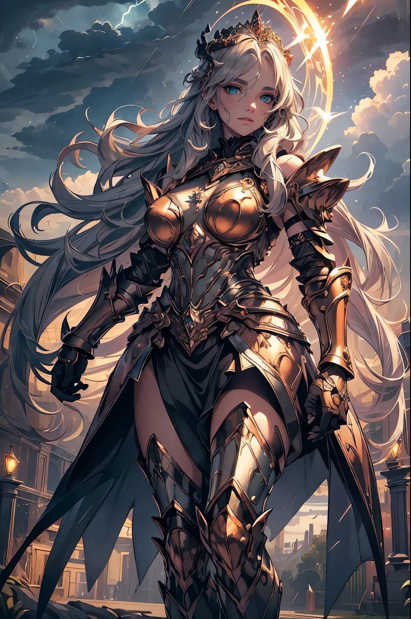 (best quality,highres,masterpiece:1.2),ultra-detailed,(realistic:1.37),woman,female goddess,goddess of thunder,thunder power,energy around her body,thunder around her body,beautiful detailed eyes,beautiful detailed lips,long eyelashes,flowing golden hair,glowing skin,metallic armor,majestic pose,intense gaze,stormy dark clouds,flashes of lightning,sparks,dramatic atmosphere,divine aura,celestial symbols,heavenly glow,colorful energy,crackling electricity,striking visual effects,powerful stance,embodying strength and beauty,mythical presence,weather manipulation abilities,force of nature,awe-inspiring,transcendent,otherworldly,commanding attention,illuminating darkness,background of a stormy sky,electric blue and purple shades, dynamic lighting, spiraling winds,imposing yet graceful silhouette,thunderbolts,empowering and captivating the viewer,an artwork fusing mythology and reality, Breastplate/Chestplate (Chainmail or Plates), Shoulder Guards, Arm Guards/Bracers, Elbow Guards, Gauntlets, Tasset, Leg Guards/Greaves, Knee Guards, Foot Greaves, Gambeson, Straps and Belts, ,(best quality,ultra-detailed,realistic:1.37),portrait,girl with a crown on her head,beautiful detailed eyes,beautiful detailed lips,long eyelashes,sparkling tiara,royal purple dress,regal pose,graceful hand gesture,shimmering gold accents,soft lighting,vibrant colors,garden background,flowers in bloom,serene and elegant ambiance,natural sunlight streaming through the trees
