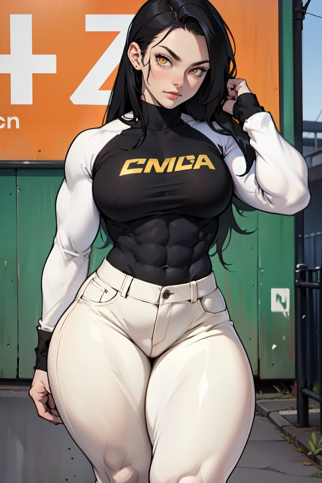 girl ((((muscular 1girl)))) ((((thick thighs toned body)))) (pale skin) black hair yellow eyes very long hair long sleeve tight t-shirt tight pants (straight hair)