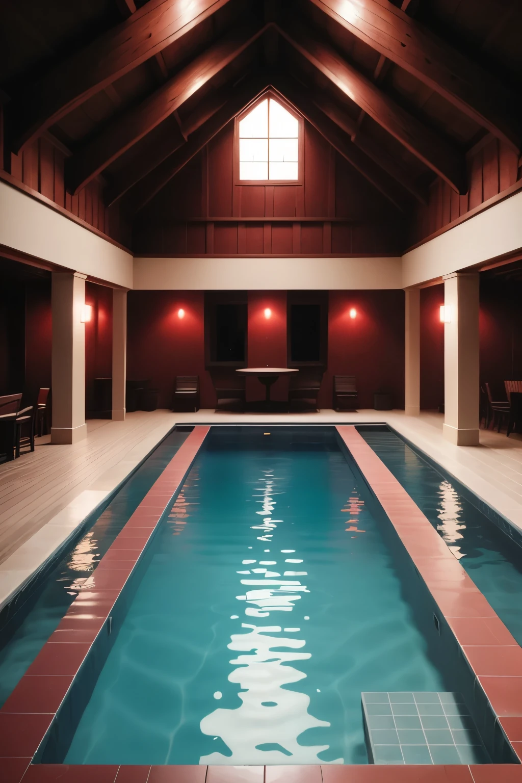 A red pool, shimmering in the dim light, radiates an otherworldly glow. The water seems to pulse with an unnatural heartbeat, its surface undulating like a living thing. The edges of the pool are stained with a deep, crimson hue, and the water itself appears thick and viscous, as if it could swallow a person whole. The air around the pool is thick with an eerie stillness, as if the very atmosphere is holding its breath in anticipation. The redness of the pool is so intense that it casts an unsettling light over the surrounding area, making the shadows deeper and more ominous. It's a sight that instills a sense of une