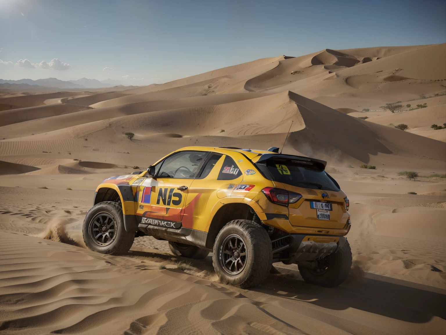 (high quality, detailed, professional), dakar rally, dakar rally racing car, jump over dunes , dust from wheels, immersive background of desert and dunes, (photorealistic) rendering, (vivid colors), (HDR), (ultra-detailed), (sharp focus), (physically-based rendering), (studio lighting), (masterpiece:1.2), (side view), (landscape), (bokeh),