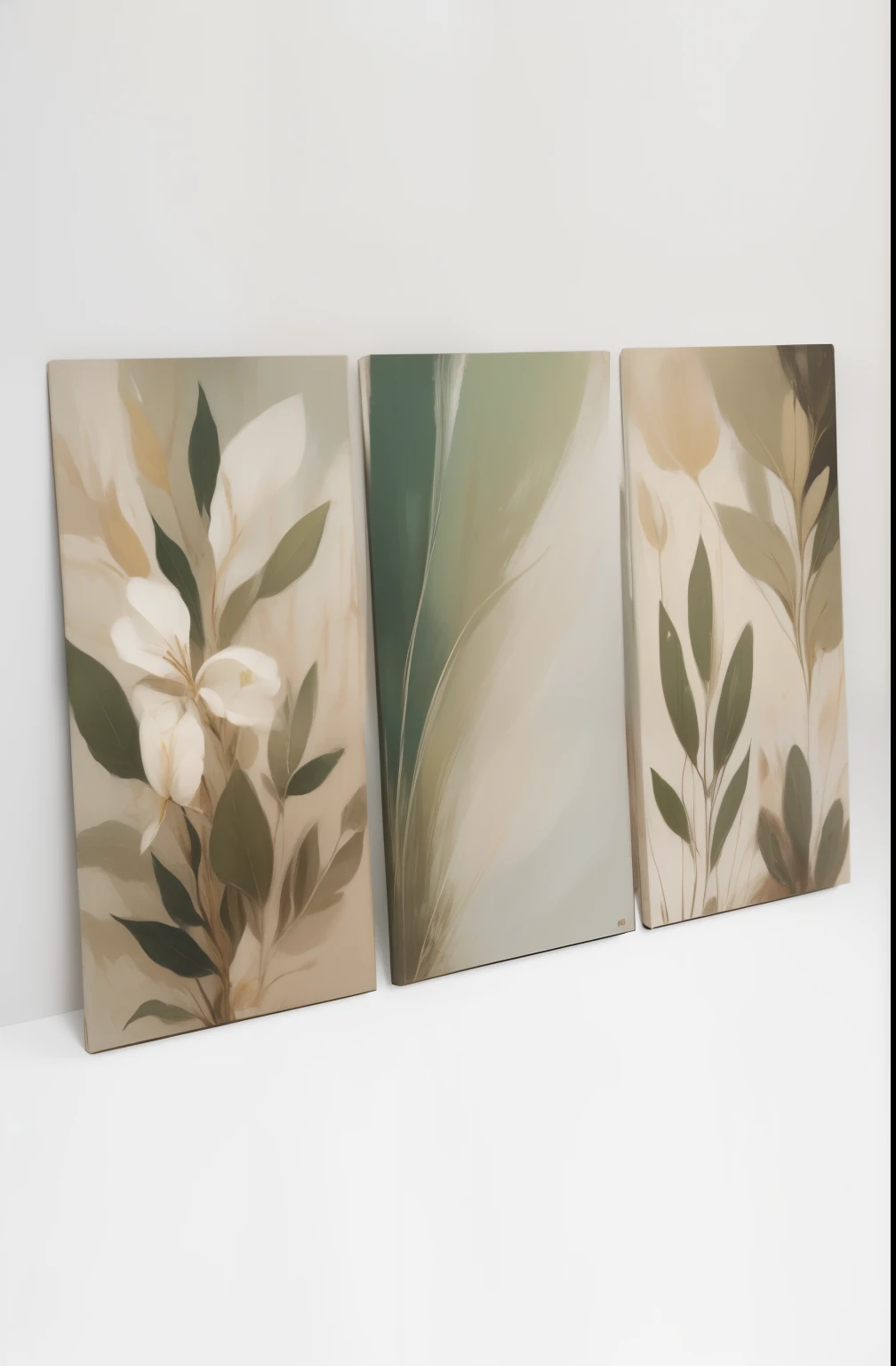 three paintings of leaves on a white wall in a room, magnolia leaves and stems, canvas art print, trio, botanic foliage, painting on canvas, exuberant organic elegant forms, triptych, canvas art, botanical, elegant and refined painting, botanic, on canvas, inspired by Art Green, hd art, canvas painting, large leaves, extended art, three views