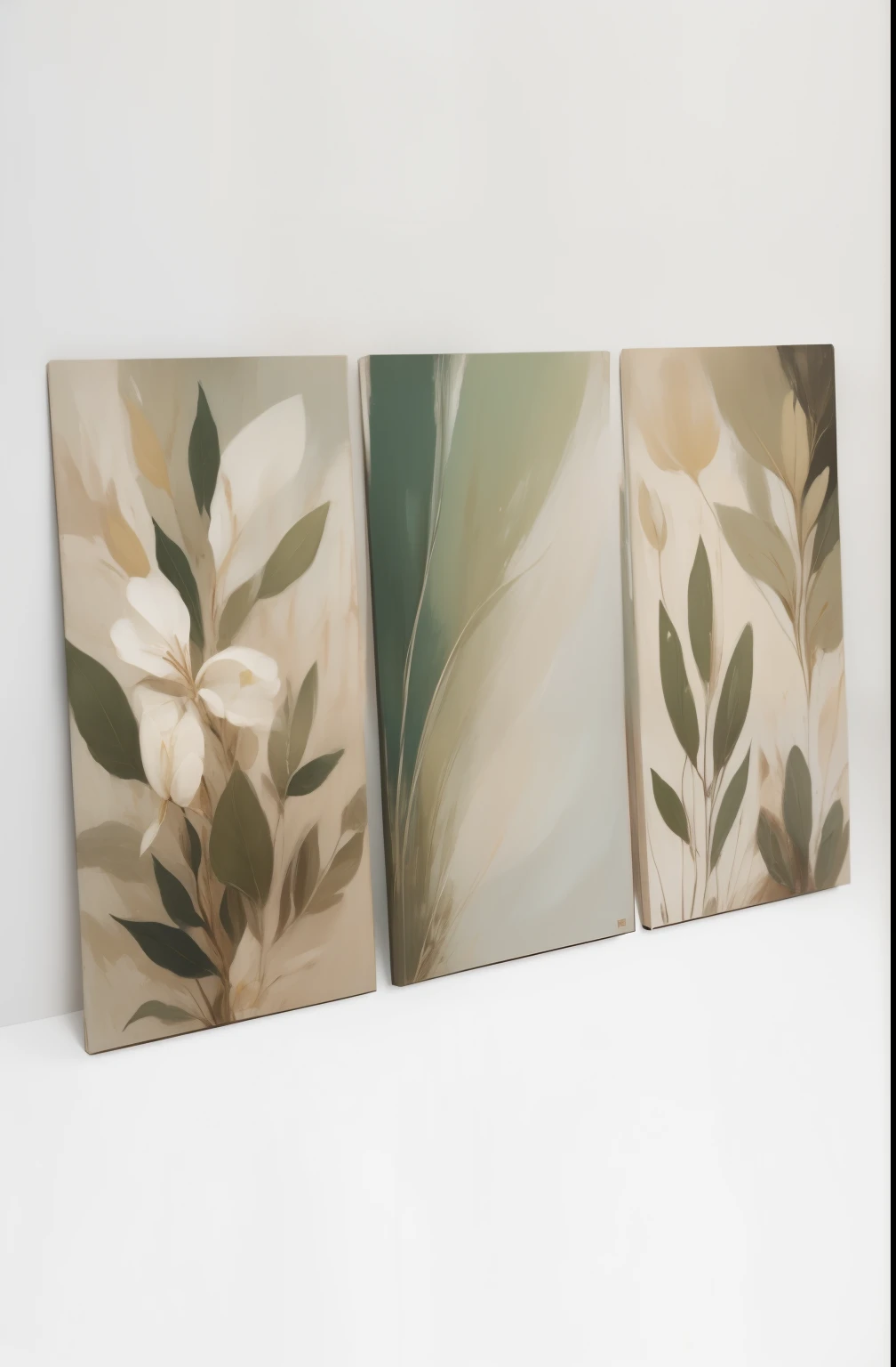 three paintings of leaves on a white wall in a room, magnolia leaves and stems, canvas art print, trio, botanic foliage, painting on canvas, exuberant organic elegant forms, triptych, canvas art, botanical, elegant and refined painting, botanic, on canvas, inspired by Art Green, hd art, canvas painting, large leaves, extended art, three views