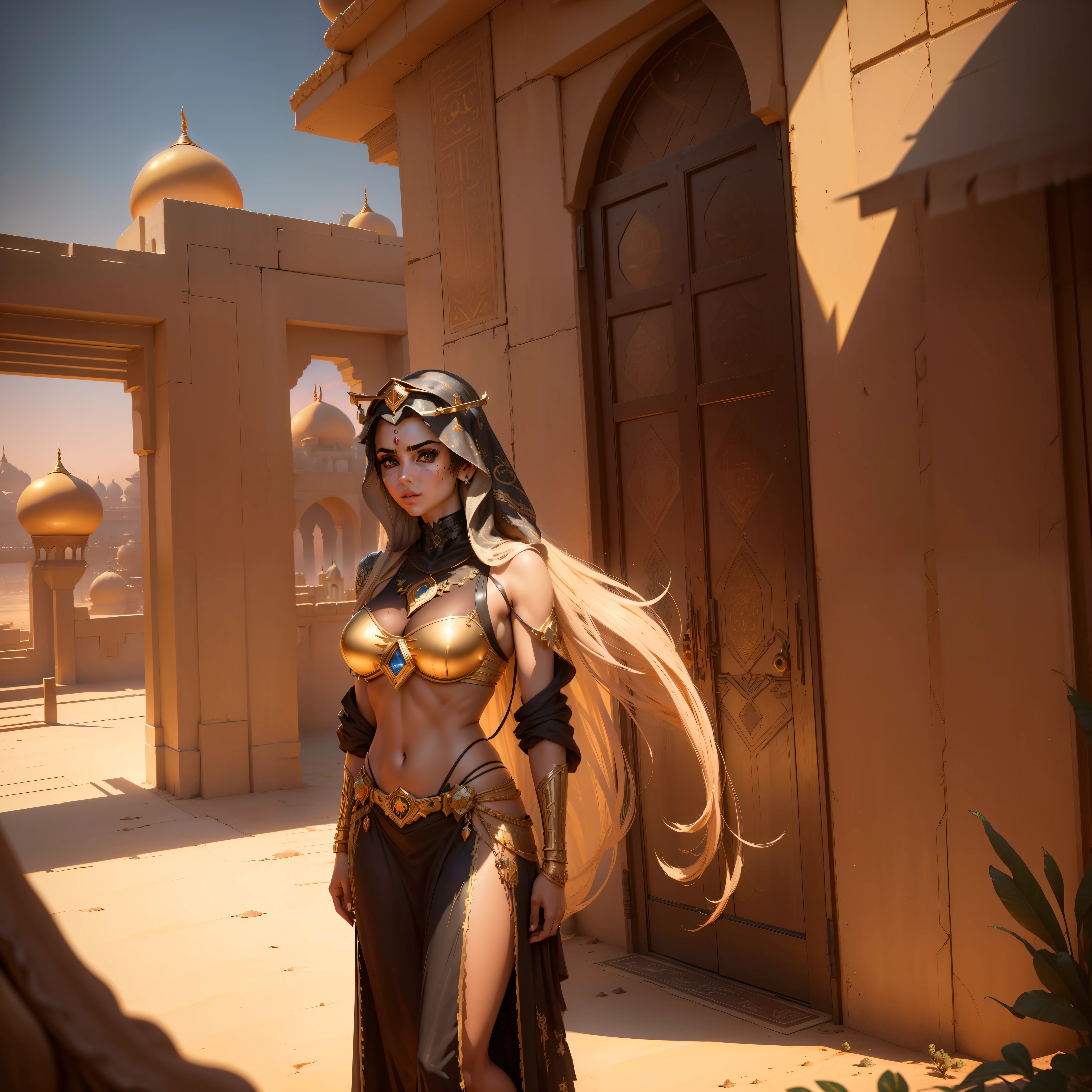 Photo of (arabian princess:1.5) Packed hall standing in the background々and衣装を着て (Cyberpunk Desert:1.3), (Exotic Royal Palace:1.5) and (sunset sky:1.2). In a complex hijab, Long vest in jewelry with gold embroidery, detailed face and eyes, (very detailed:1.4), 8K, realistic, (long dark brown hair:1.2), (young woman:1.1), Written by Jeremy Mann, Written by Sandra Chevrier, Written by Maciej Cuchara, (shadows and highlights:1.3), True Shadow, 。.3D, (golden hour lighting:1.3), (by Michelangelo:0.9), Art stations and deviations, Greg Rutkowski and Alphonse Much