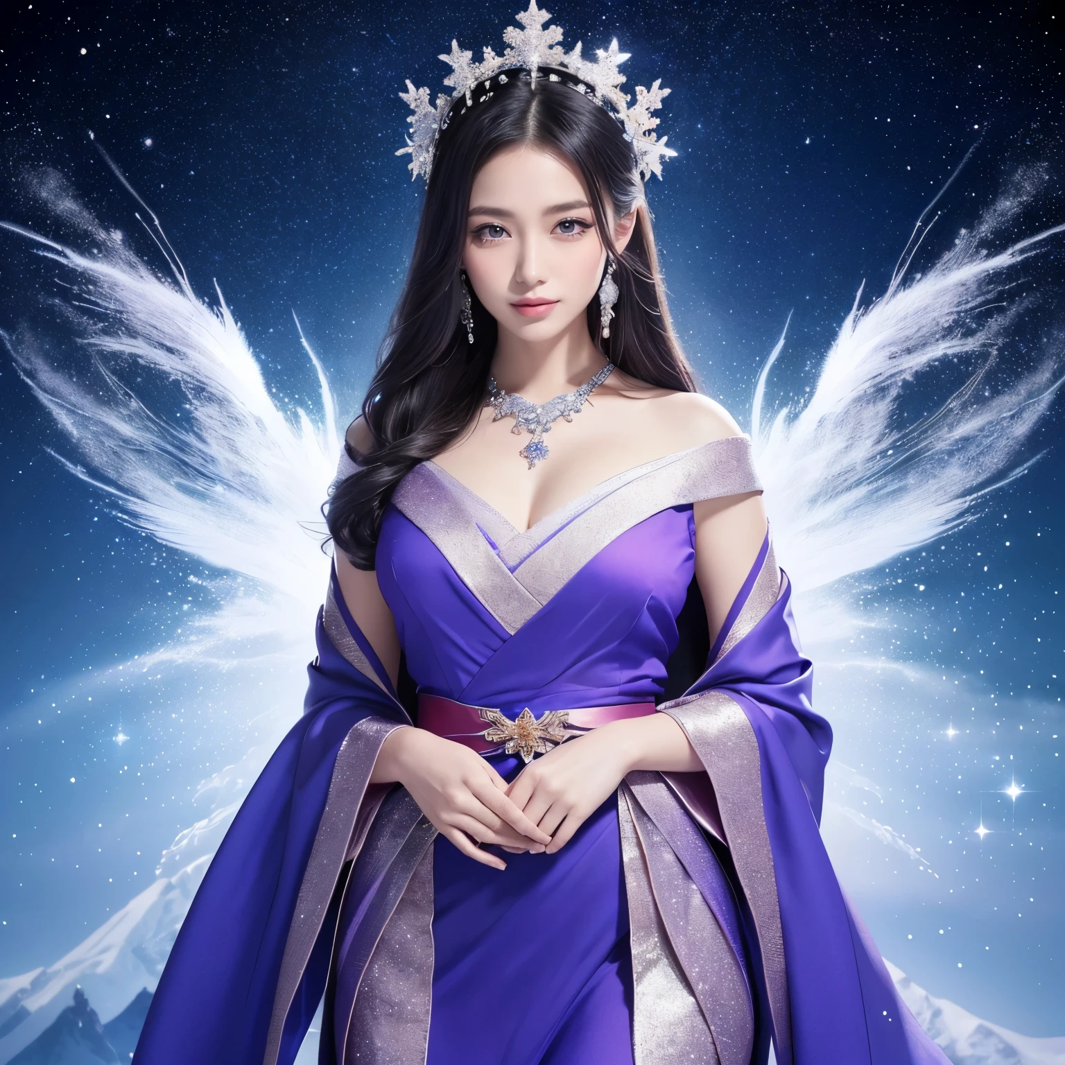 (masterpiece、highest quality、best image quality、8K、Award-winning work)、one goddess、(The most extravagant, sparkling, high-end gigantic costume:1.1)、(High-end costume with fantastic blue and purple gradation:1.2)、(High-quality V-neck long-sleeved kimono that shines in blue and purple:1.1)、(The finest gradation long-sleeved kimono that sparkles in blue and purple:1.1)、(full body photo:1.1)、the best smile looking at me、big breasts、expose one's shoulders、(expose beautiful legs:1.1)、(Standing gracefully:1.1)、the most intricate and luxurious decoration、(large amount of jewelry decoration:1.1)、The most complex and detailed background、(The background is a vast snowy mountain that looks like a sparkling jewel.:1.1)、(heavy snow is falling:1.1)、fine sparkling snow、(Diamond dust:1.1)、(Tyndall effect:1.1)、Subtle sparkling snow、(Vast beautiful natural view in the background:1.1)、Fantastic snowscape、(A fantastically shining starry sky:1.2)、(great movie lighting:1.1)、(A beautiful lake can be seen in the distance:1.1)、(A series of fantastically beautiful snowy mountains in the distance:1.1)、perfect makeup、long eyelashes、beautiful eyeshadow、(accurate anatomy:1.1)