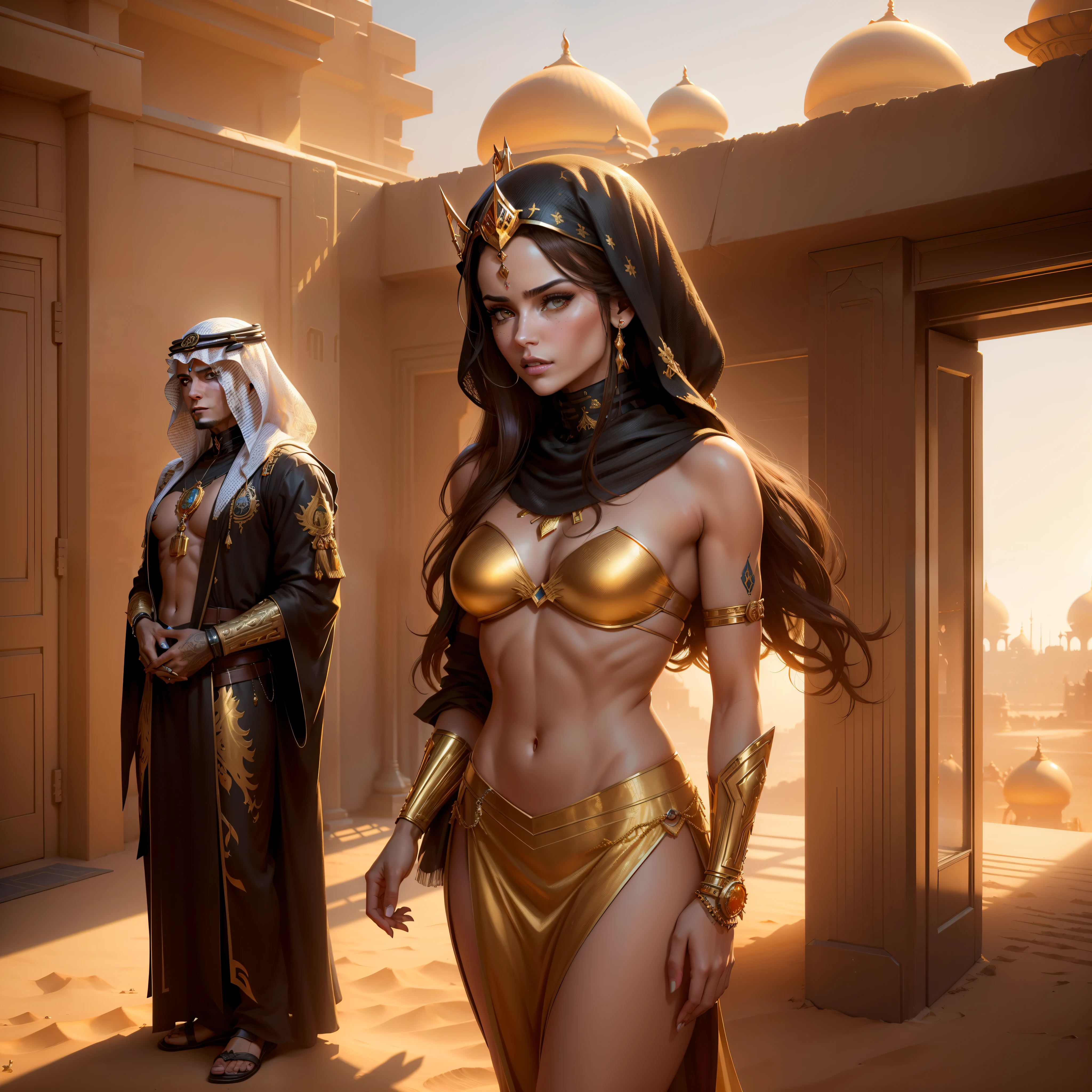 Photo of (arabian princess:1.5) Packed hall standing in the background々and衣装を着て (Cyberpunk Desert:1.3), (Exotic Royal Palace:1.5) and (sunset sky:1.2). In a complex hijab, Long vest in jewelry with gold embroidery, detailed face and eyes, (very detailed:1.4), 8K, realistic, (long dark brown hair:1.2), (young woman:1.1), Written by Jeremy Mann, Written by Sandra Chevrier, Written by Maciej Cuchara, (shadows and highlights:1.3), True Shadow, 。.3D, (golden hour lighting:1.3), (by Michelangelo:0.9), Art stations and deviations, Greg Rutkowski and Alphonse Much
