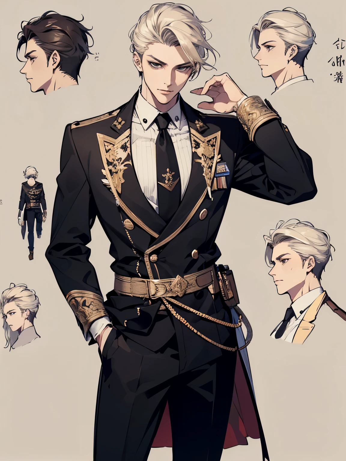 (best quality)), ((muste piece)), perfect face,1 male,man in his 20s,Handsome guy,solo,costume with decorations,detail costume,concept art,キャラクターのconcept art,character sketch,reference sheet,roll table,（simple background，white background： 1.3)