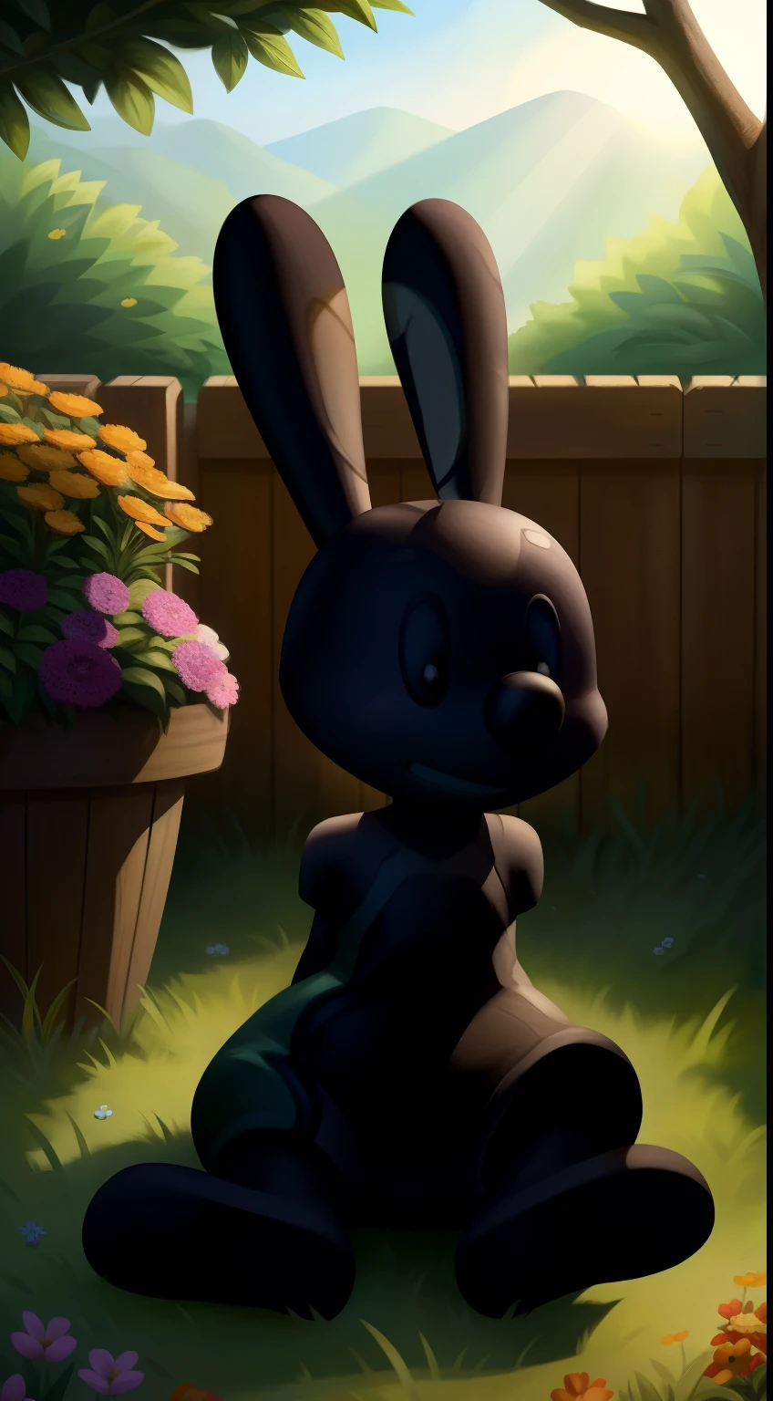 A bunny named Oswald sits in a lush garden, surrounded by vibrant flowers and tall green grass. The garden is bathed in warm sunlight, creating a soft and dreamy atmosphere. Oswald's fur is fluffy and white, with long and floppy ears that twitch with curiosity. His round, innocent eyes are a deep shade of brown that shines with a mischievous glimmer. Oswald's pink nose wiggles as he sniffs the sweet scent of the flowers. His small paws rest delicately on the ground as he nibbles on a carrot. The garden is filled with the chirping of birds and the gentle buzzing of bees. Oswald's cute little tail wags happily as he enjoys the peaceful surroundings. The scene is captured in a stunning illustration, with every detail meticulously crafted. The artwork showcases the beauty of nature, portraying Oswald as an adorable and lively bunny in a serene environment. The colors are vibrant and vivid, adding a touch of whimsy to the artwork. The lighting accentuates Oswald's fluffy fur and highlights the vibrant colors of the garden. The overall image is of the best quality, with ultra-detailed features that bring the scene to life. It is like a masterpiece, with the level of realism akin to a photograph. This prompt combines the elements of nature, innocence, and cuteness in a beautifully crafted artwork.
