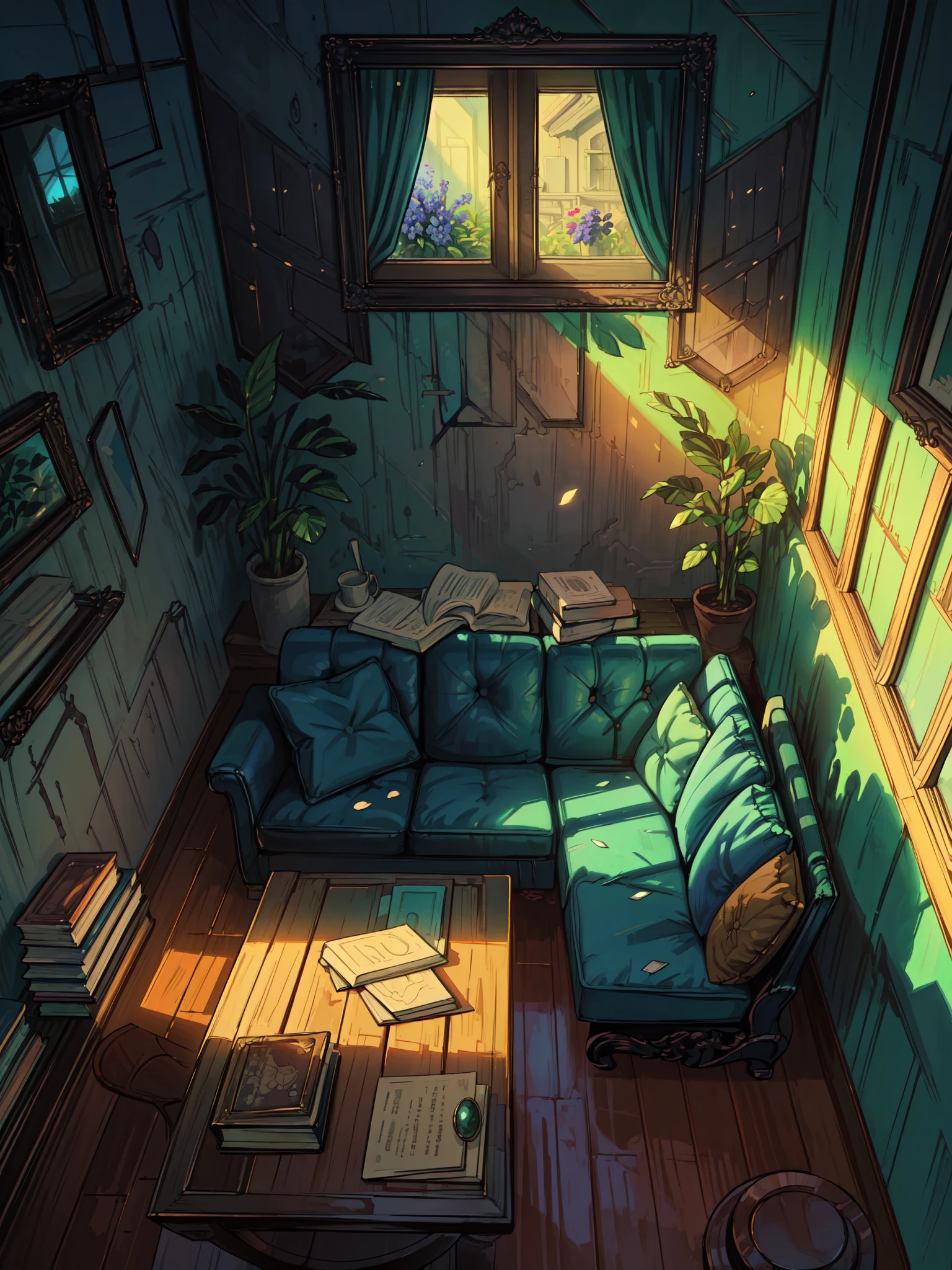 (masterpiece:1), (wide view:1.6),(interior of a beautiful apartment:1.7), (book shelf:1.3), (books on table :1.5), (day time:1.5), silence, (bright sunlight falling inside:1.5), (blue big flowers in pots:1.5), (soft glow of vibrant tones:1.4), (sofa:1.5), magnificent sky, (volumetric light:1.2), peaceful, (big window with curtains:1.4), (aesthetically pleasing:1.5),(bright light:1.3), (money plant:1.3), (plant stems hanging from above:1.5), (shadow:1.4), (beautiful aesthetics:1.2), (frames on walls:1.5), (vibrant environment :1.4) beautiful tones, subtle colors, peaceful, (illustration: 1.0), epic composition, realistic lighting, (no human:1.6), HD details, masterpiece, best quality, ,