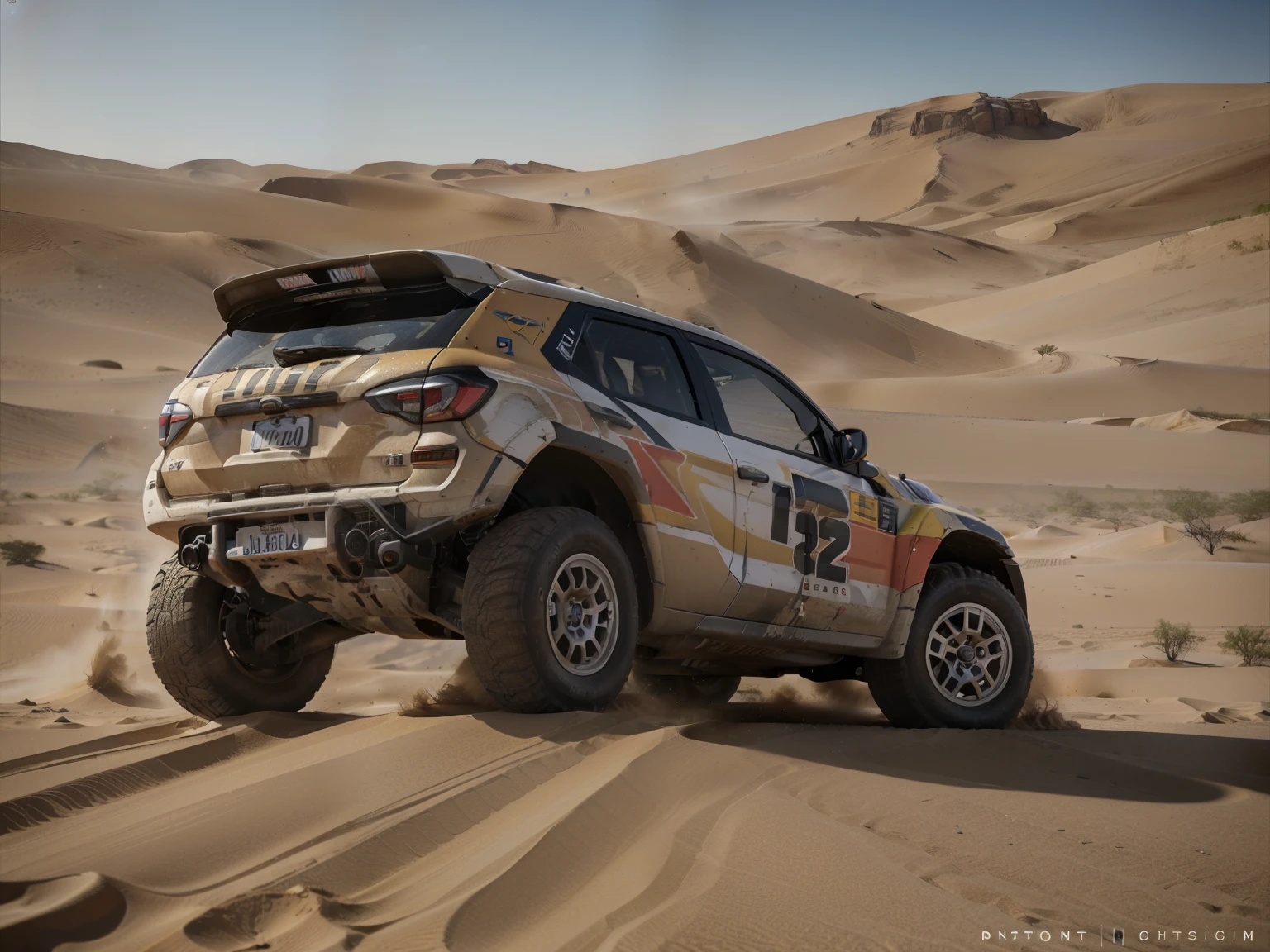 (high quality, detailed, professional), dakar rally, dakar rally racing car, jump over dunes , dust from wheels, immersive background of desert and dunes,  (photorealistic) rendering, (vivid colors), (HDR), (ultra-detailed), (sharp focus), (physically-based rendering), (studio lighting), (masterpiece:1.2), (side view), (landscape), (bokeh),  (dynamic drive), (action shot)