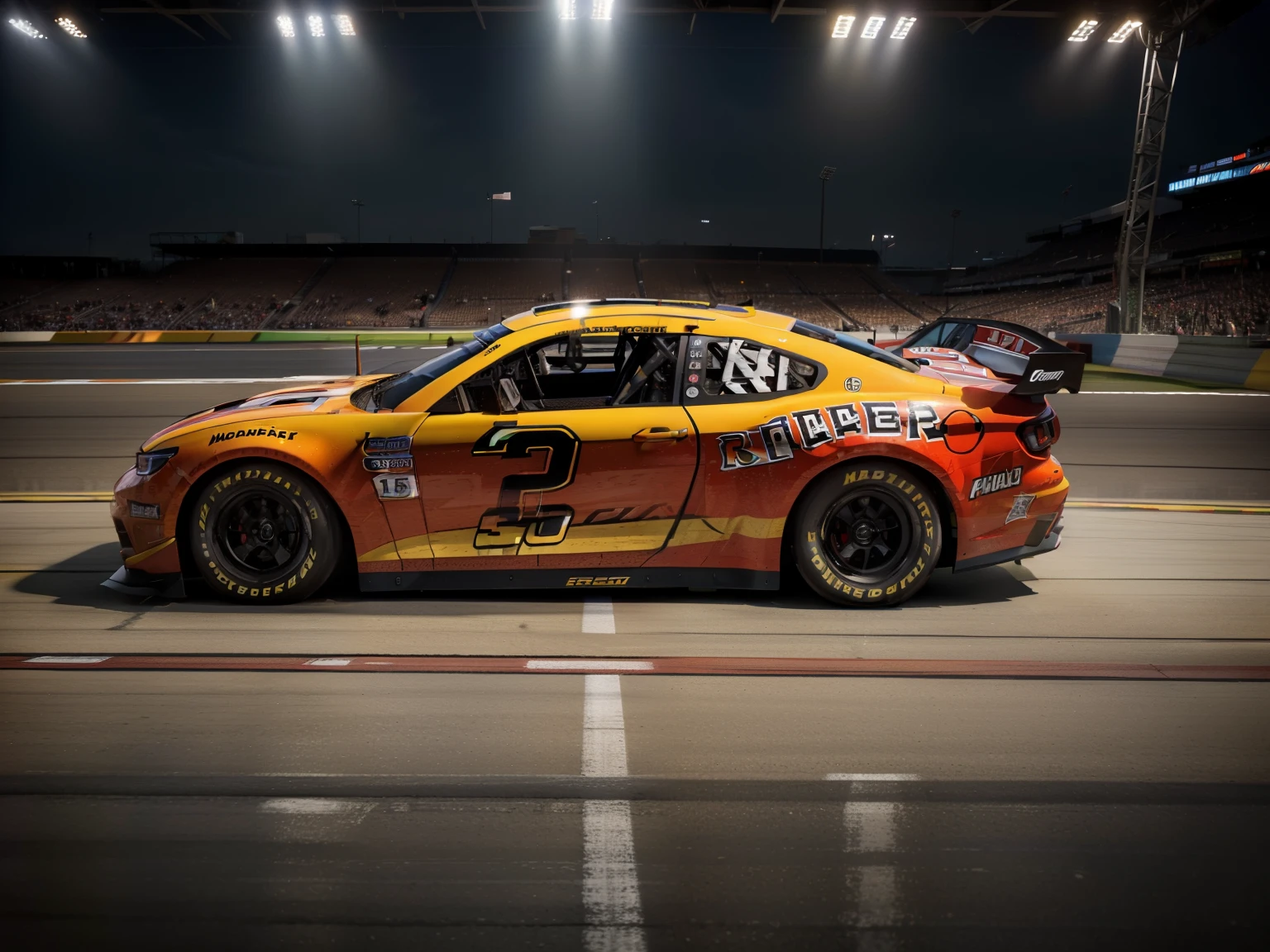 (high quality, detailed, professional), nascar racing cars, nascar track, nascar race, (photorealistic) rendering, (vivid colors), (HDR), (ultra-detailed), (sharp focus), (physically-based rendering), (studio lighting), (masterpiece:1.2), (side view), (landscape), (bokeh),  (dynamic drive), (action shot)