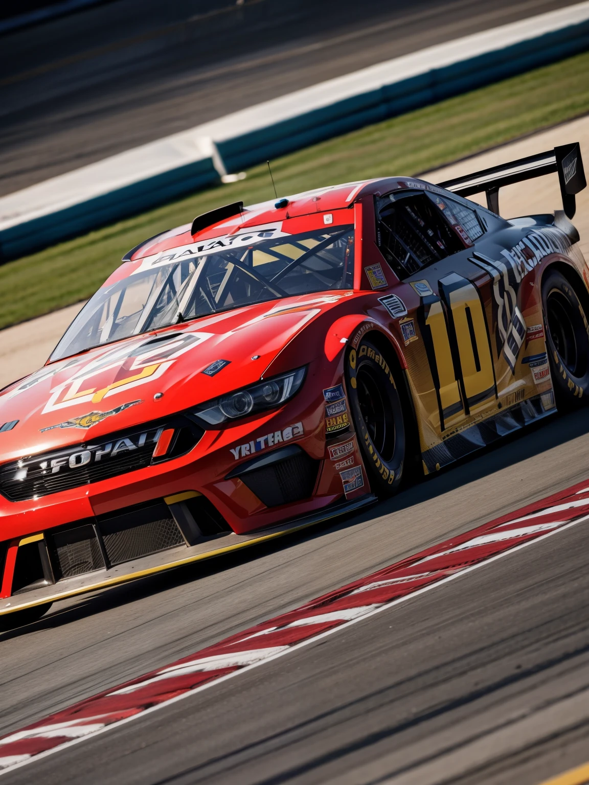 (high quality, detailed, professional), nascar racing cars, nascar track, nascar race, (photorealistic) rendering, (vivid colors), (HDR), (ultra-detailed), (sharp focus), (physically-based rendering), (studio lighting), (masterpiece:1.2), (side view), (landscape), (bokeh), (dynamic drive), (action shot)