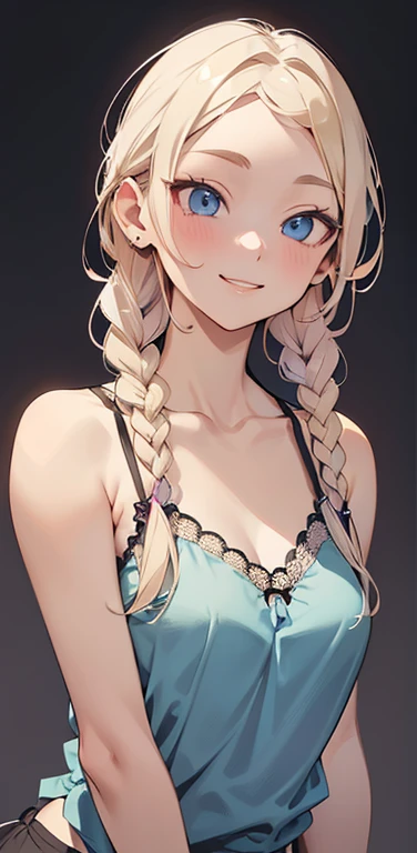 Realistic、1house wife、blonde hair、braid、blue eyes、(eye focus:1.3,face focus,upper body),(gradient eyes:1.3),(camisole　sexy　panties
)、(forced smile:1.3),single braid,cute face、small breasts,