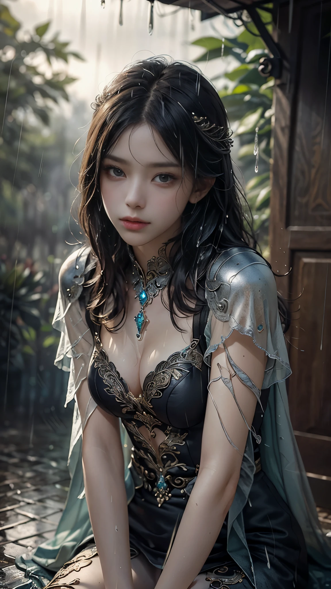 a woman in a black dress, realistic Art Station, (hard raining:1.5), Detailed Fantasy Art, Stunning Character Art, beautiful Exquisite Character Art, Beautiful black Armor, Extremely Detailed, black armor Girl, Exquisite Intricate Headdress and Jewelry, whole body capture, sitting,