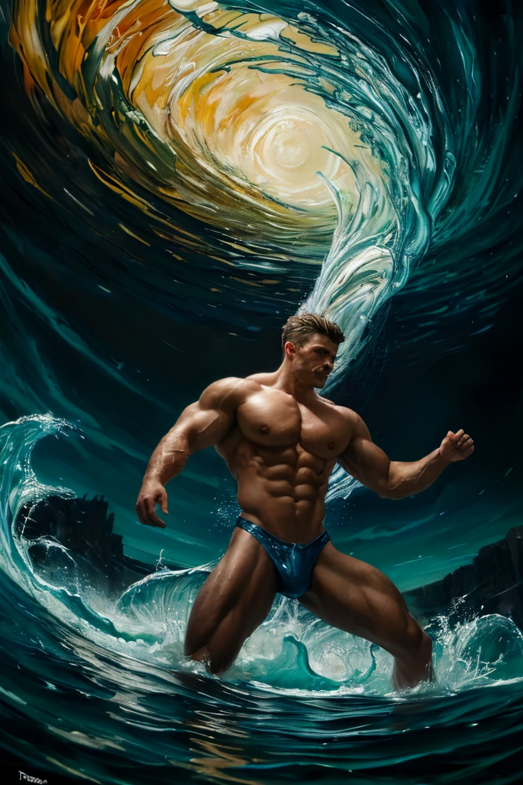 The colorful water spreads, forming the shape of a tornado that swirls around a male dancer at night, dynamic composition, colorful, masterpiece, intricate details, (surreal), ((oil painting \(medium\))), fantasy art, concept art, by greg rutkowski, (muscular), (large pectorals), (puffy nipples)
