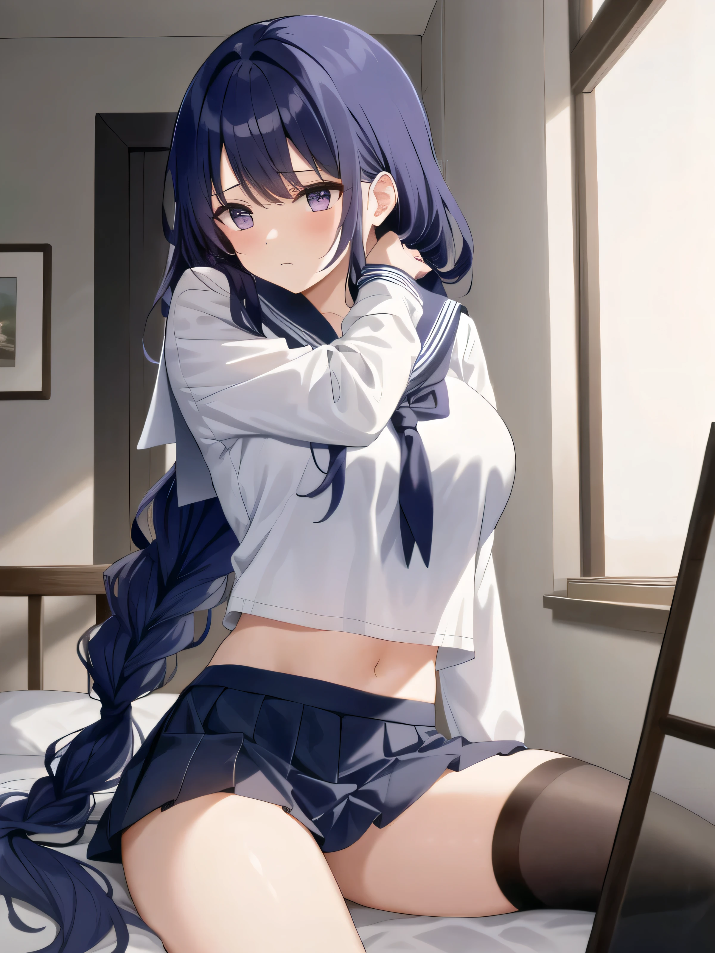 (masterpiece, best quality, super detailed), General Thunder \(Genshin Impact\), (#4143 color hair), Scan your bangs, long hair braids, braid bangs, purple eyes,,
(sailor uniform school uniform:1.2), Sitting on hotel bed,Black,
big breasts, Thick thighs, Put your arms behind your back, shy face, crop top, Strong and seductive expression.