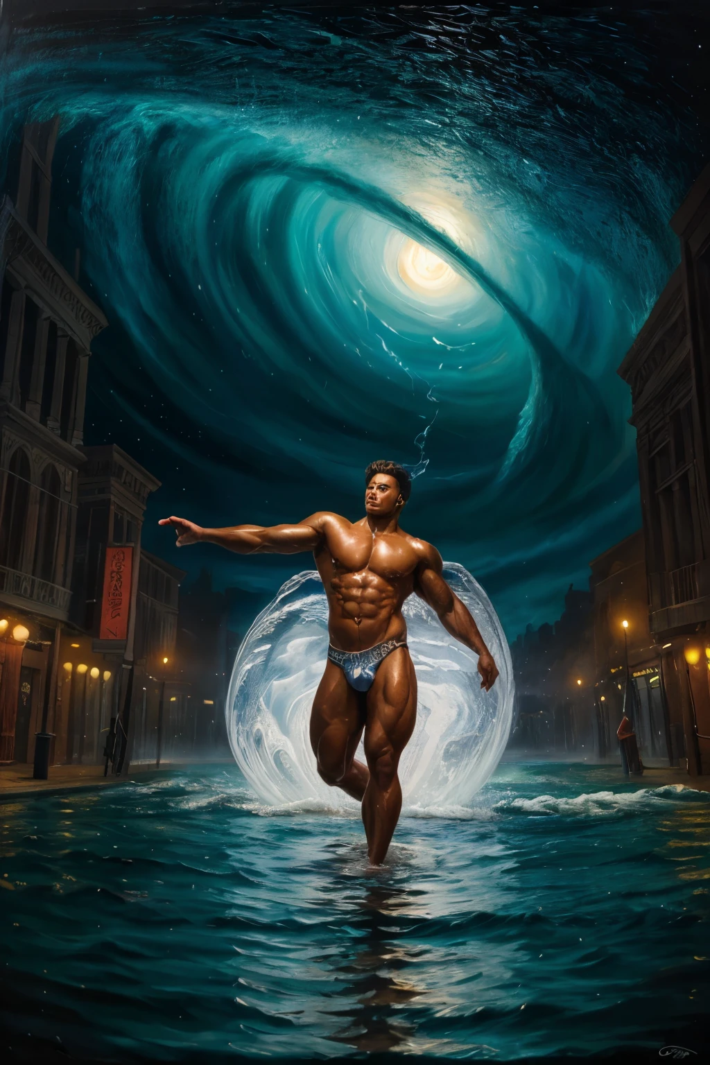 The colorful water spreads, forming the shape of a tornado that swirls around a male dancer at night, dynamic composition, colorful, masterpiece, intricate details, (surreal), ((oil painting \(medium\))), fantasy art, concept art, by greg rutkowski, (muscular), (large pectorals), (puffy nipples)