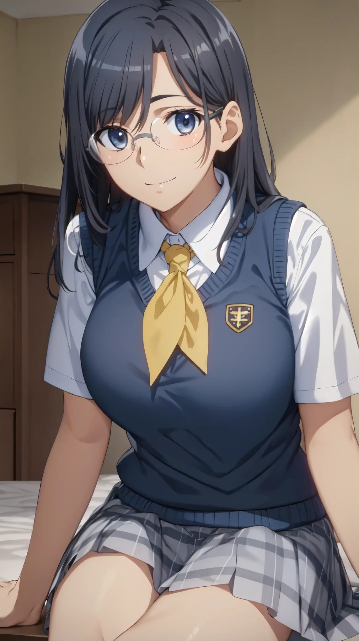 masterpiece, highest quality, High resolution, morning,semi-long, (black hair, blue eyes, Glasses,:1.3) , bright yellow neckerchief, (Bright colors,bright room),collared shirt, sweater vest,big breasts,(Blue Vest:1.2), short sleeve, Wind Discipline Commissioner&#39;armband, plaid skirt, gray skirt, indoors, sitting, smile, open your mouth, thigh,