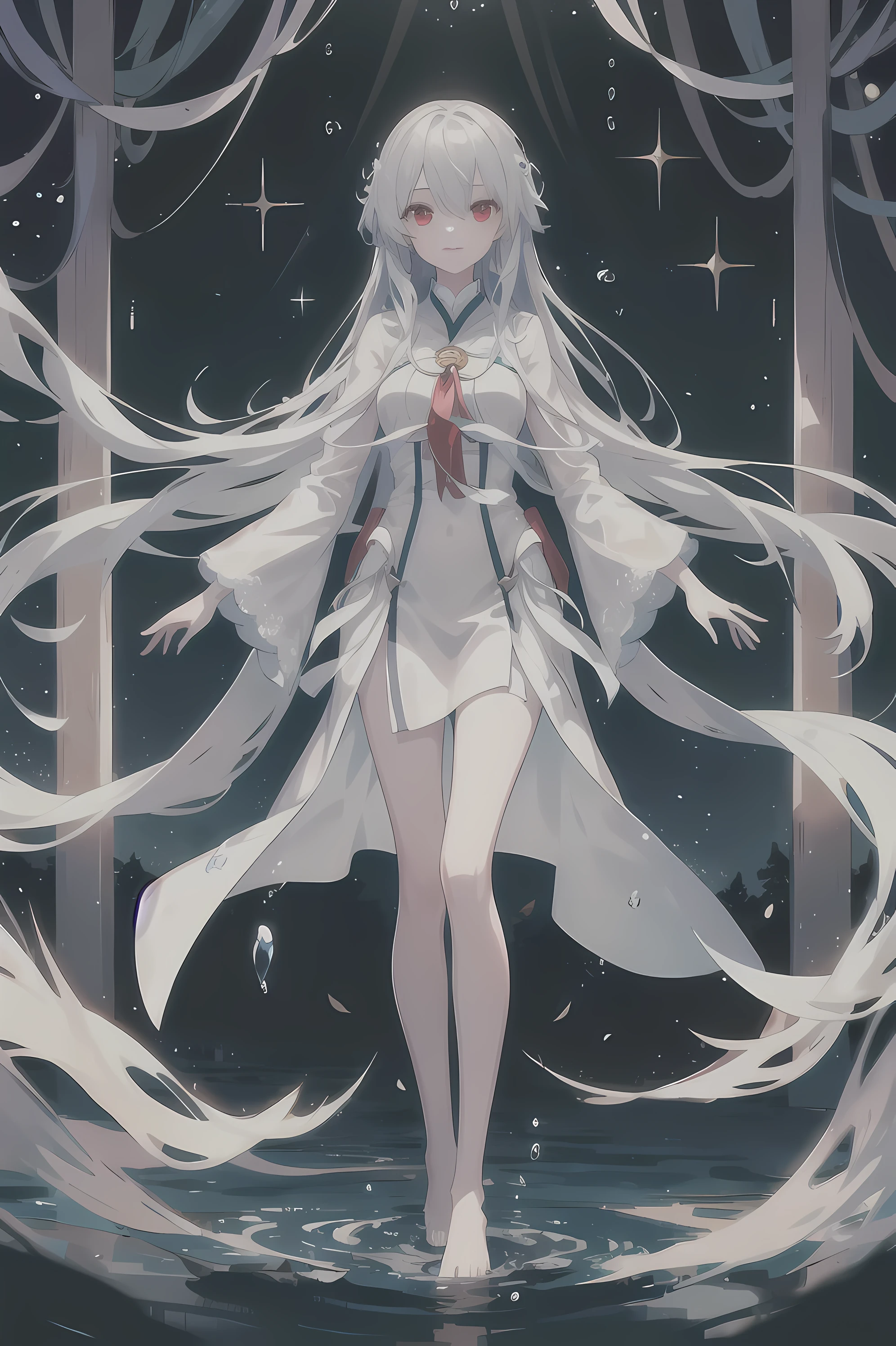 Dreamy beautiful moonlight in dark forest。View of a 15-year-old girl from above。(wet silver hair and red eyes)。smile slightly。She only wore a long transparent white cloth，It has beautiful lace trim on it。Soak the cloth in water。(splashing in the dark forest lake at night)。(Hair or clothes are wet)。splash。Wet hair。Dripping water droplets。梦幻般的萤火虫在空中float、Light also reflects from water。near method and far method。glitter effects。Dynamic composition with depth。extremely high quality、high level of image quality、extremely refined。Rare workmanship，round,Room, Strong breasts），barefoot，float，water surface，（long legs，long legs，long legs，Gestalt），full-body shot。standing posture