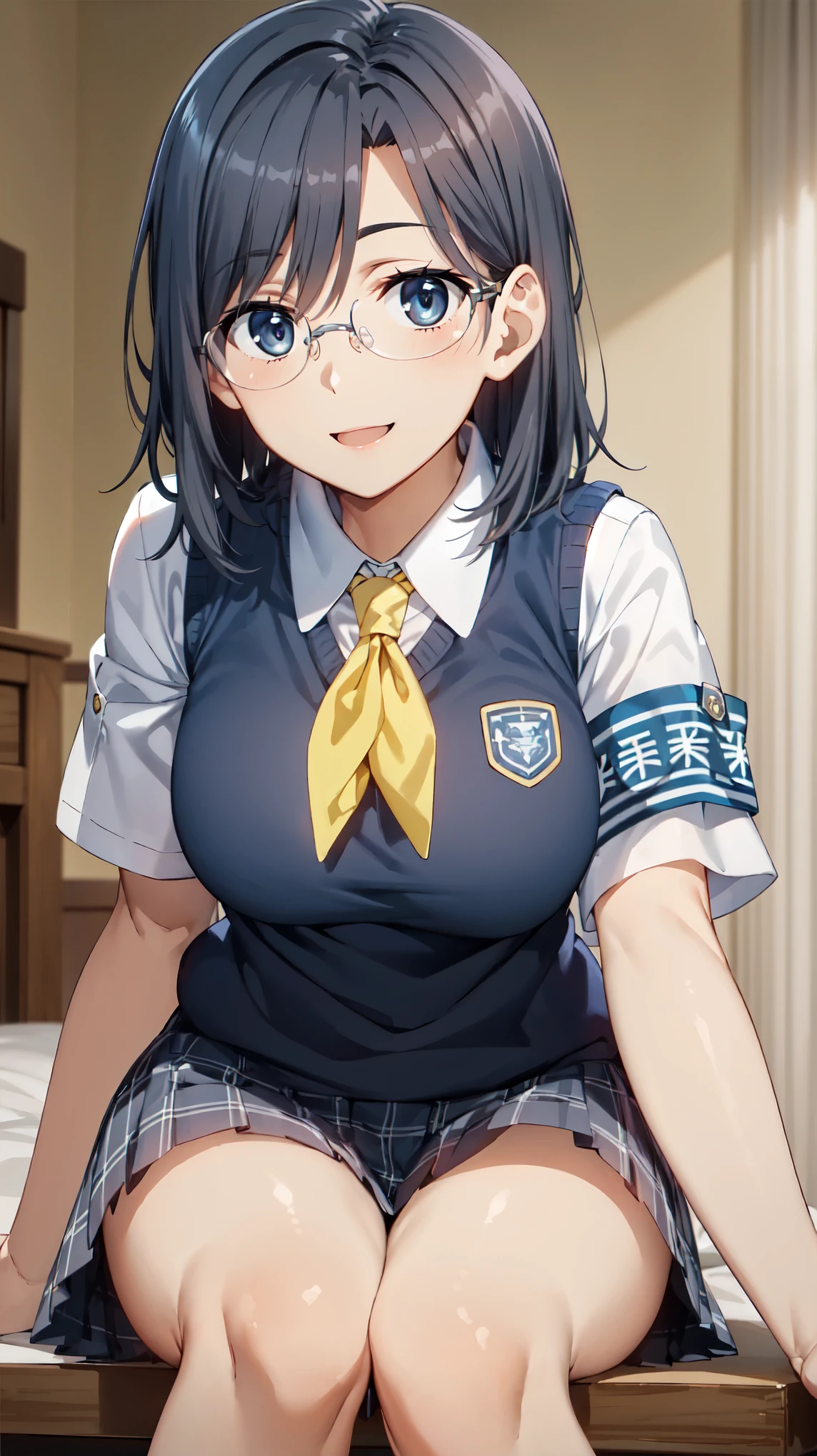 masterpiece, highest quality, High resolution, morning, short hair, black hair, blue eyes, Glasses, , yellow neckerchief, collared shirt, sweater vest, (Blue Vest:1.2), short sleeve, armband, plaid skirt, gray skirt, indoors, sitting, smile, open your mouth, wave hands